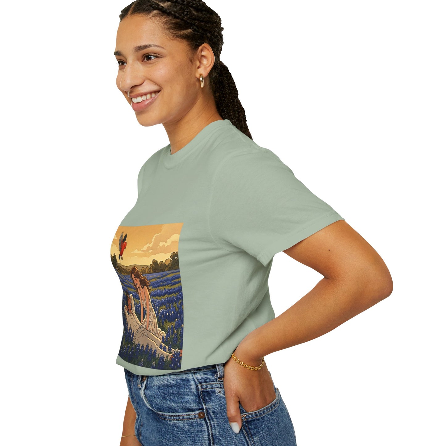 Romantic Bluebonnet Field T-Shirt — Couple in Wildflower Meadow Art Tee