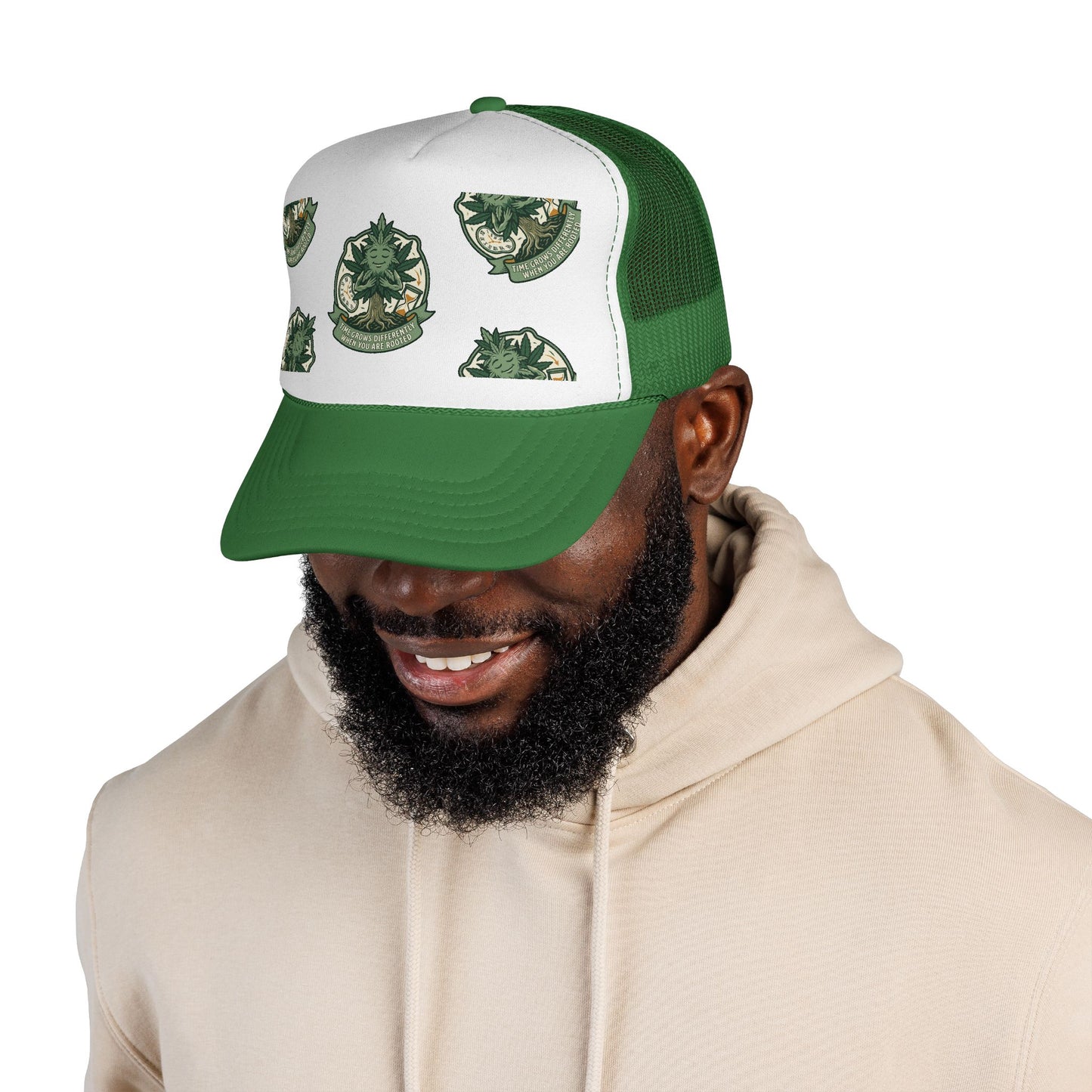 Trucker Cap — Green Botanical Crest Pattern