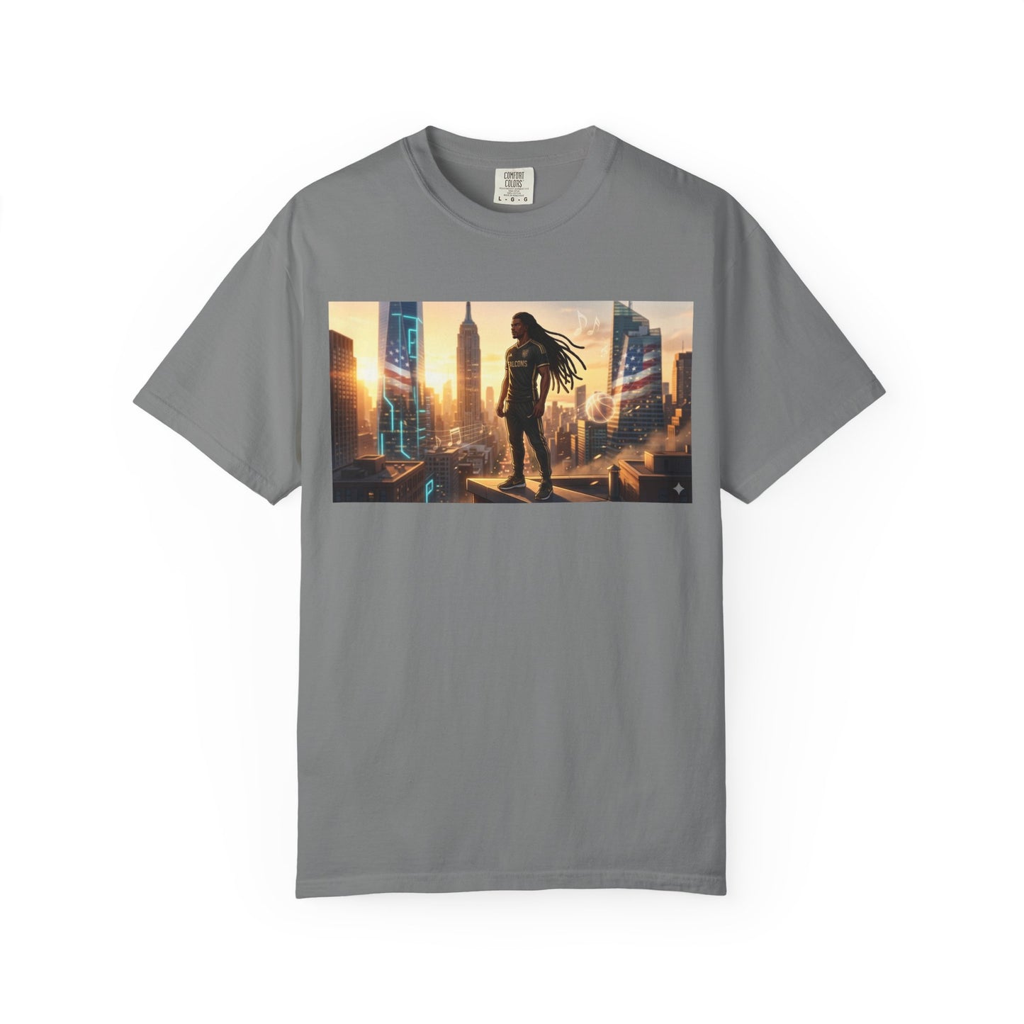 Cyberpunk Cityscape T-Shirt — Silhouette Hero at Sunset
