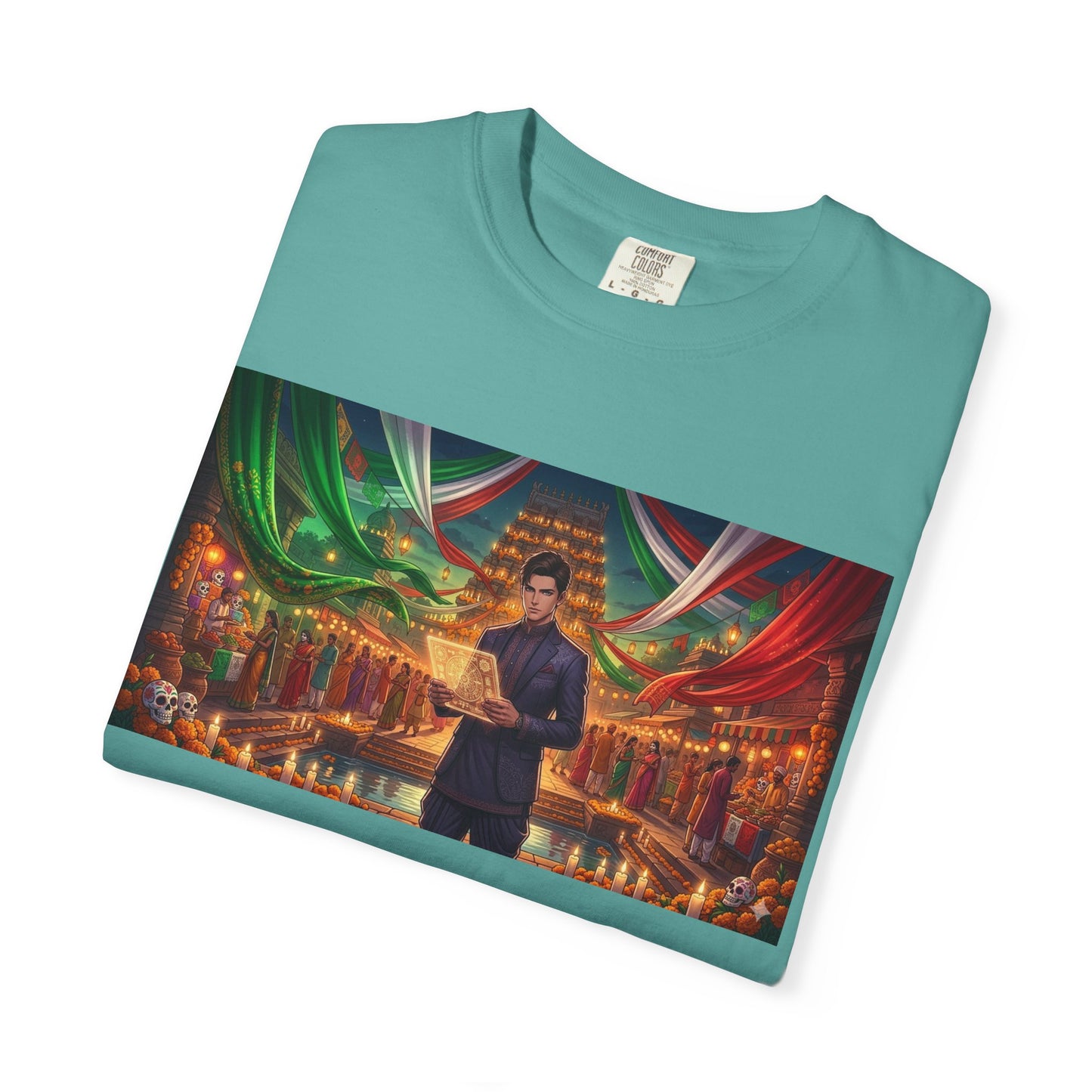 T-Shirt — Dragon Temple Night Scene Graphic Tee (Monk with Dragons)