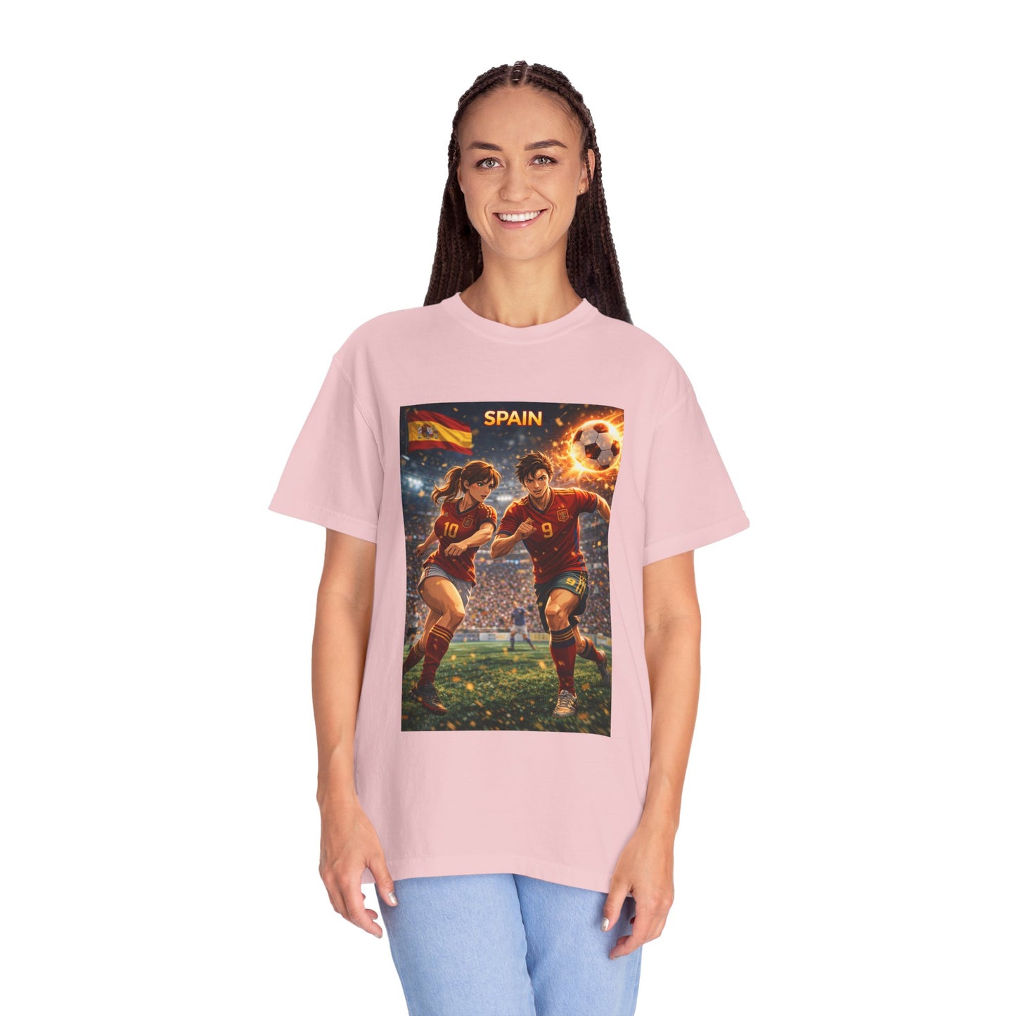 Spain Soccer Graphic T-Shirt — Retro Match Scene with Flag
