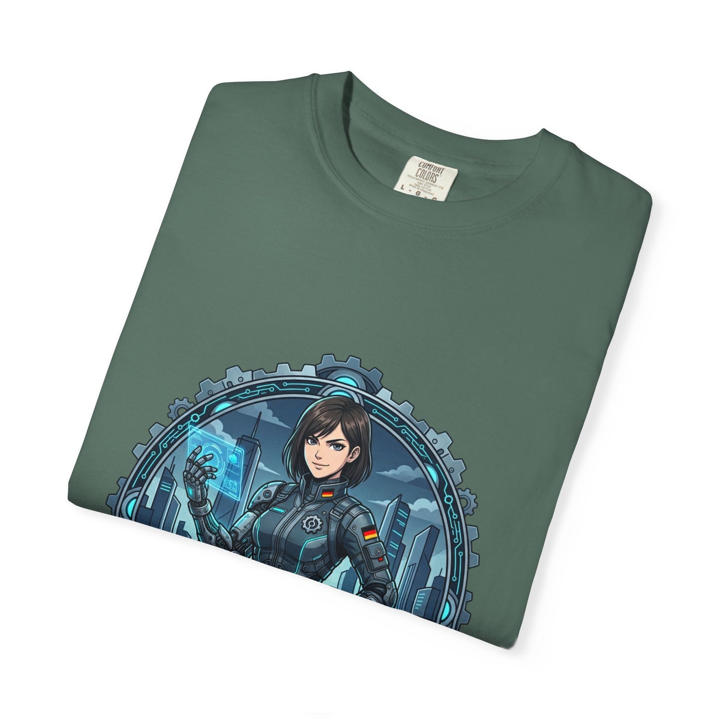 Cyber Ninja Graphic T-Shirt — Futuristic Female Warrior Illustration
