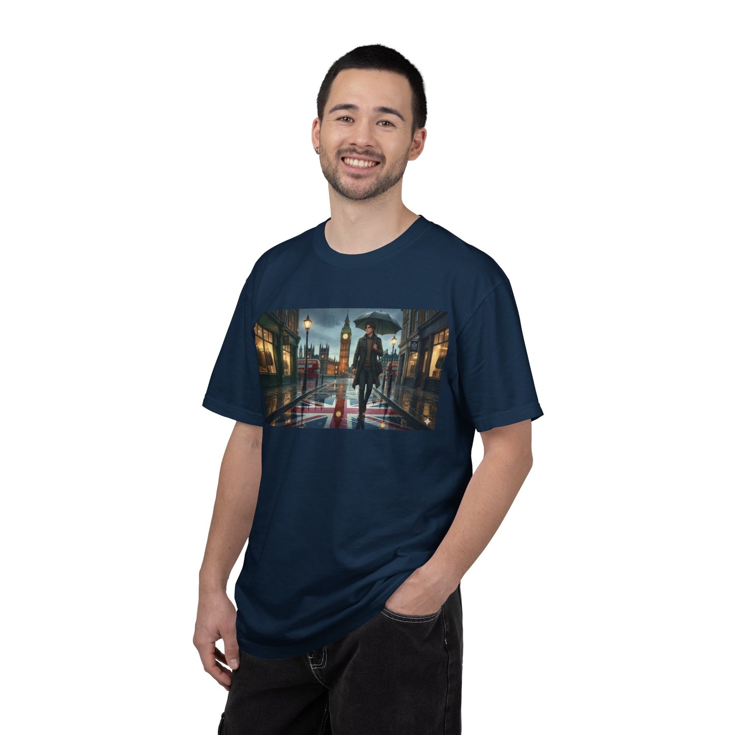 T-Shirt — Rainy London Street Scene Graphic Tee (Big Ben, Umbrella, Night Cityscape)