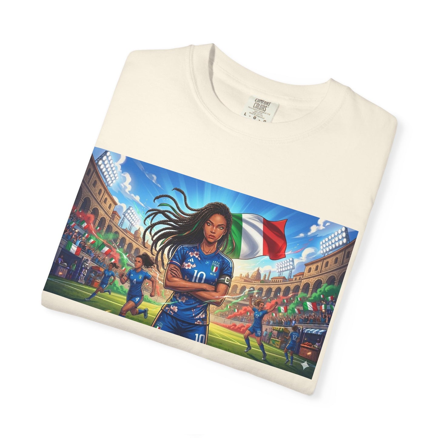 Italian Soccer Fan T‑Shirt – Inspirational Female Player with Italy Flag Stadium Print