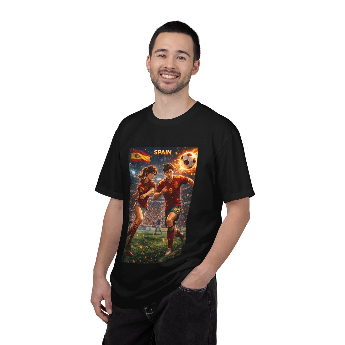 Spain Soccer Graphic T-Shirt — Retro Match Scene with Flag