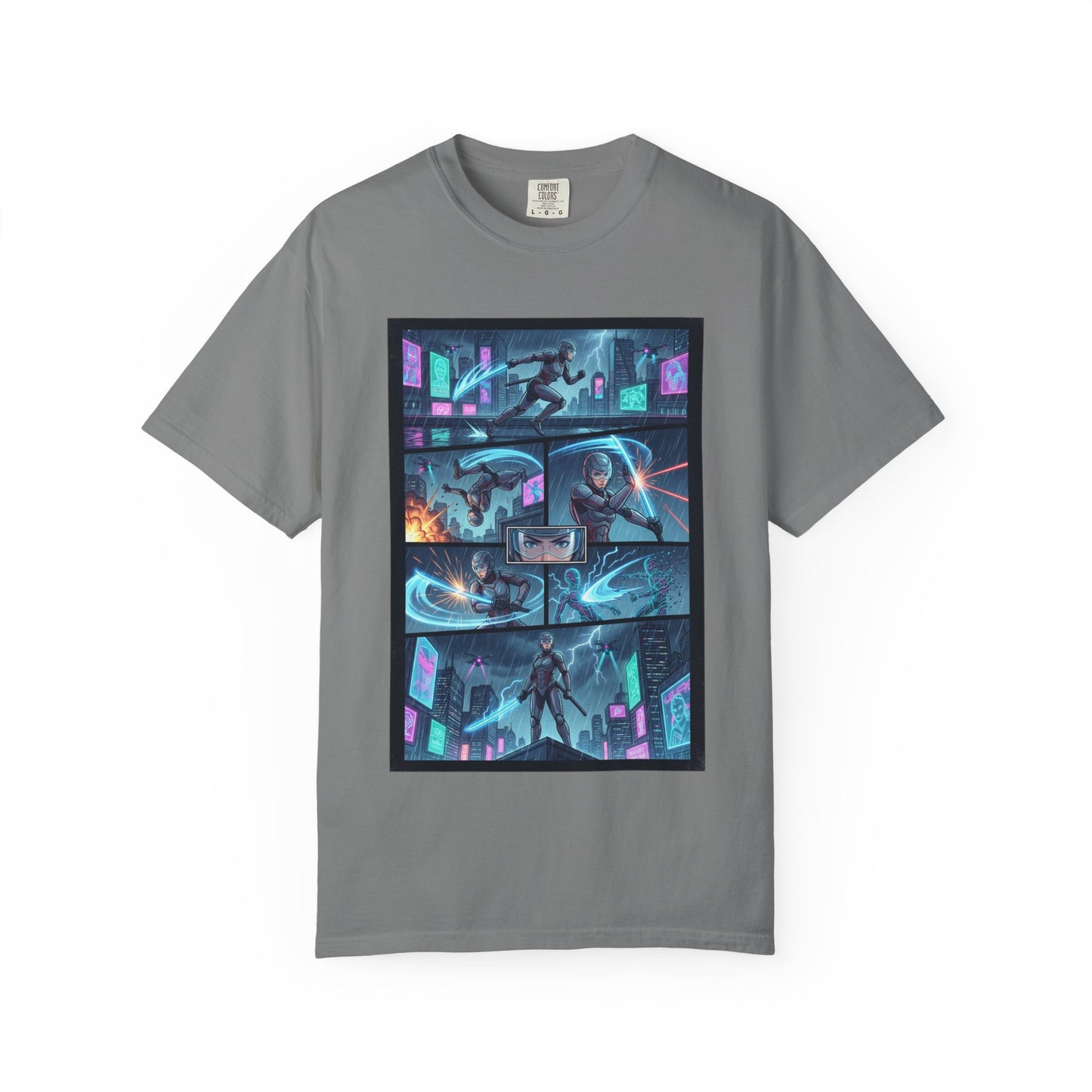 Cyberpunk Girl Samurai T-Shirt — Neon Manga Panel Graphic Tee