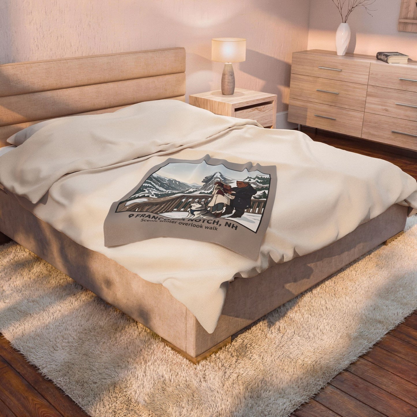 Velveteen Blanket — Franconia Notch NH Winter Scenic Throw with Couple & Husky