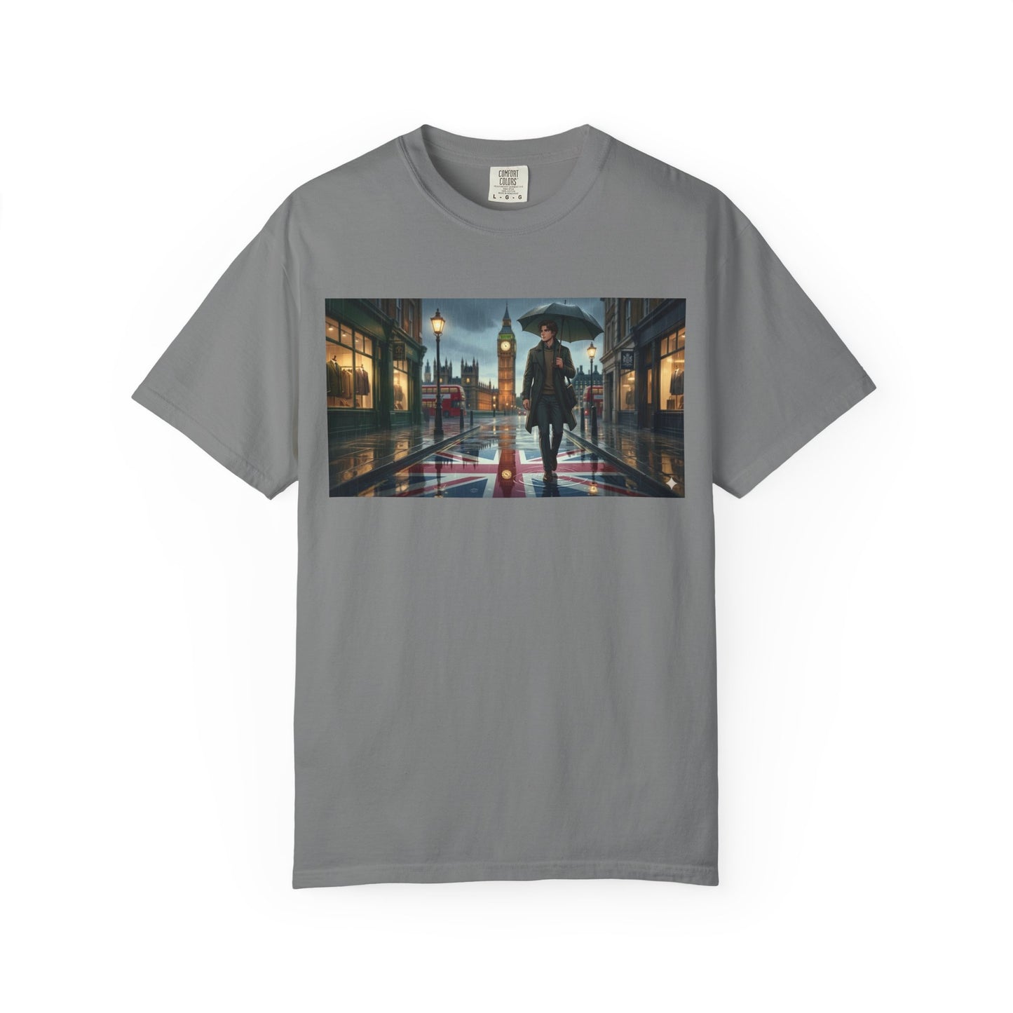 T-Shirt — Rainy London Street Scene Graphic Tee (Big Ben, Umbrella, Night Cityscape)
