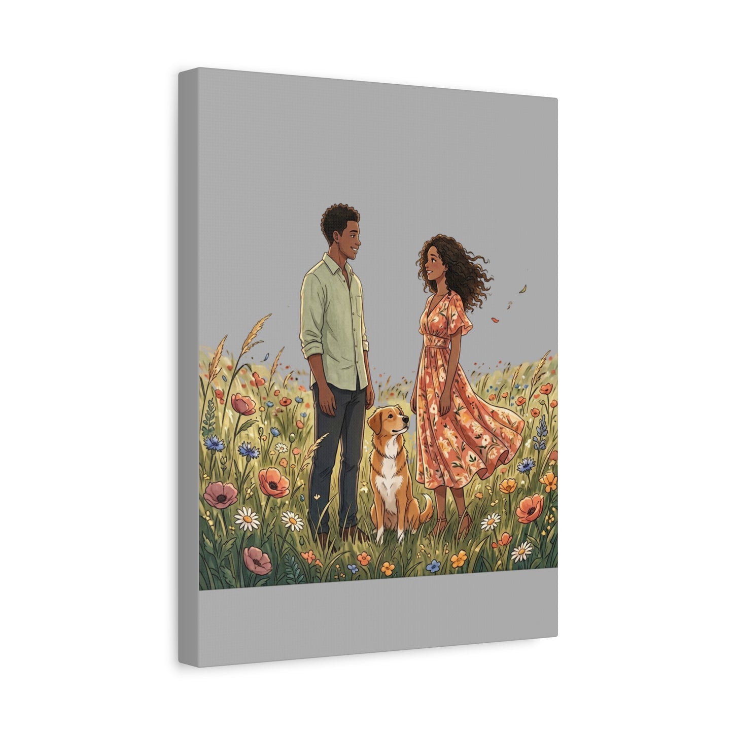 Romantic Couple in Wildflower Field Canvas Art — Black Love Wall Decor with Dog