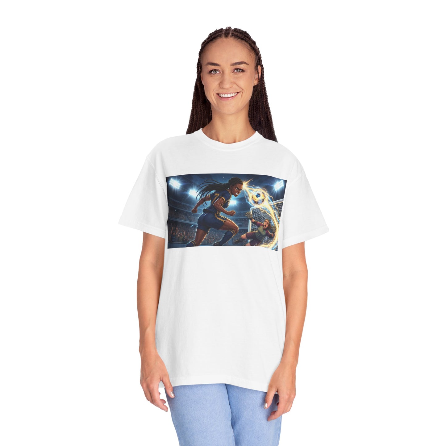Soccer Duel Graphic T-Shirt — Futuristic Goalkeeper vs Striker Stadium Print