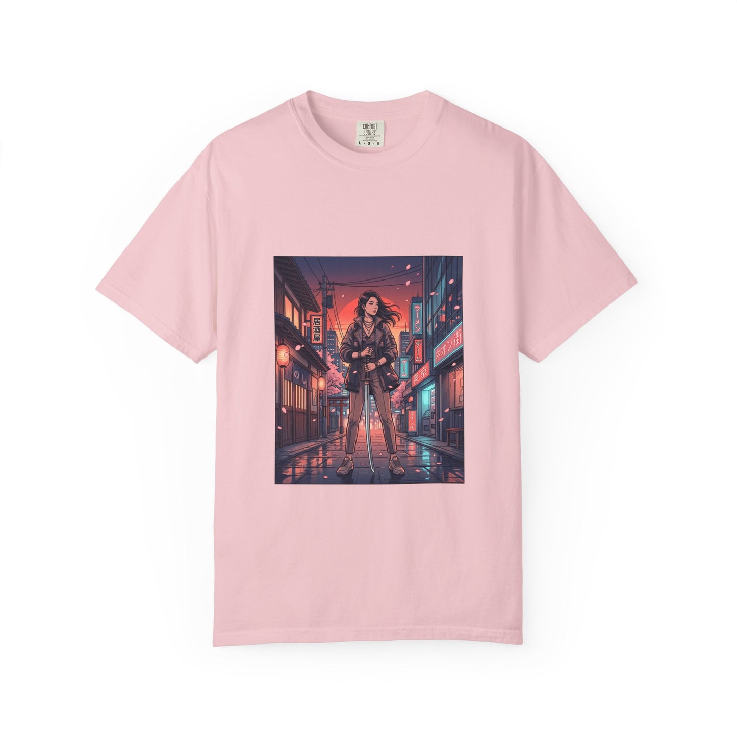Cyberpunk Night Streets T‑Shirt — Neon Samurai Girl Graphic Tee