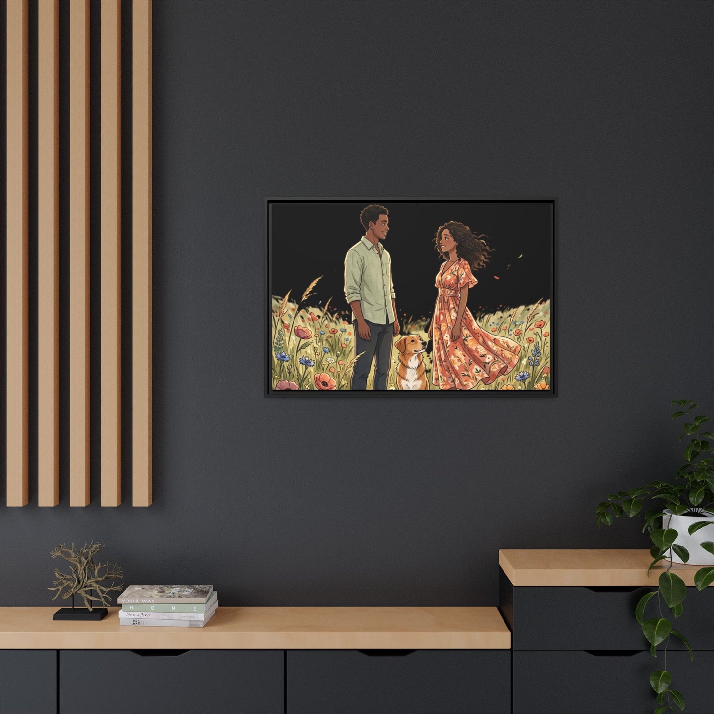 Framed Matte Canvas Print — Romantic Couple in Wildflower Field (Multi‑Color)