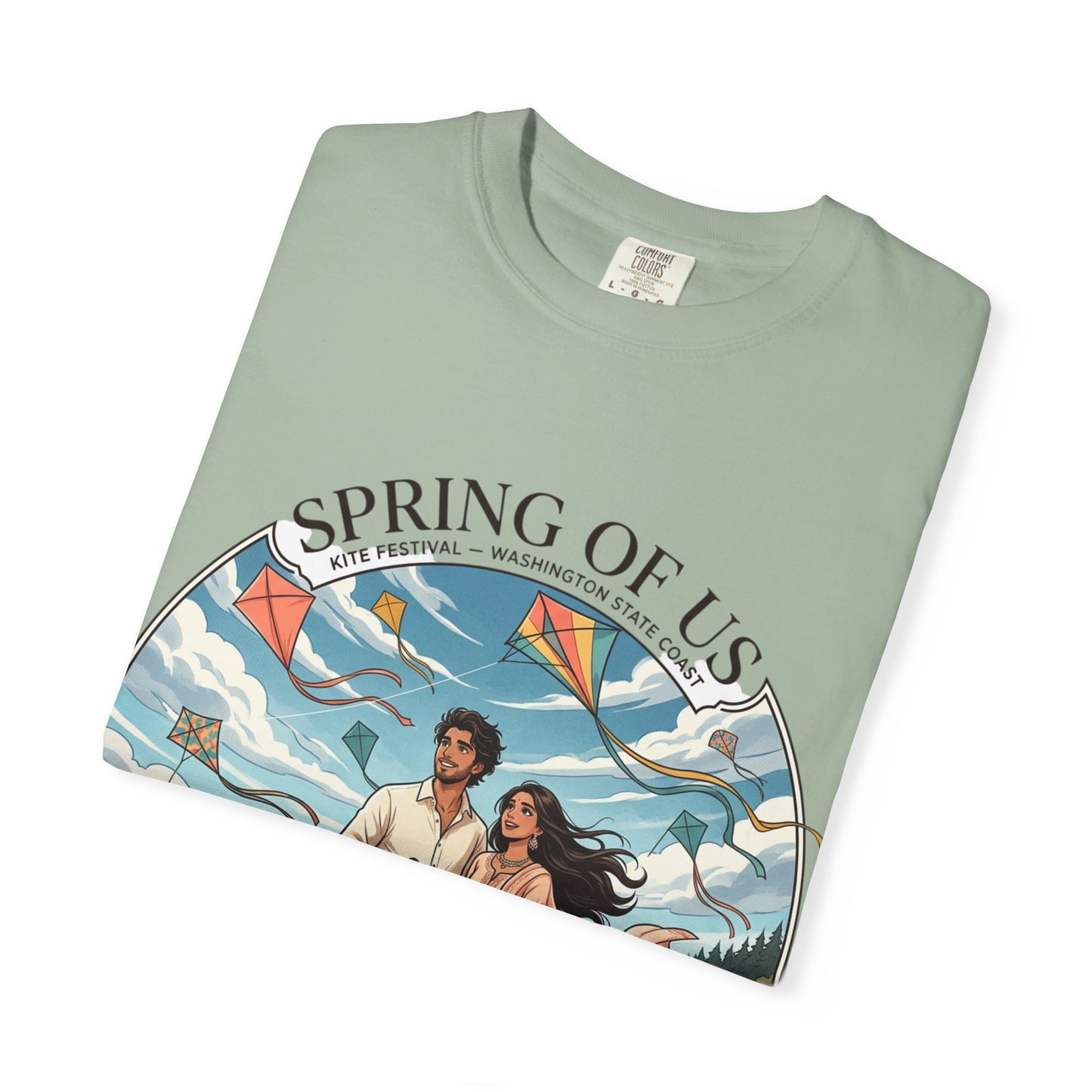 Spring of Us T-Shirt — Romantic Beach Couple Illustration with Dog