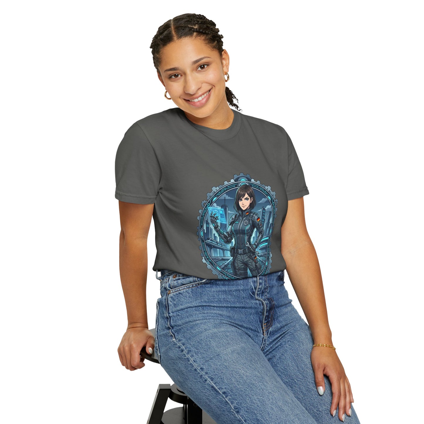 Cyber Ninja Graphic T-Shirt — Futuristic Female Warrior Illustration