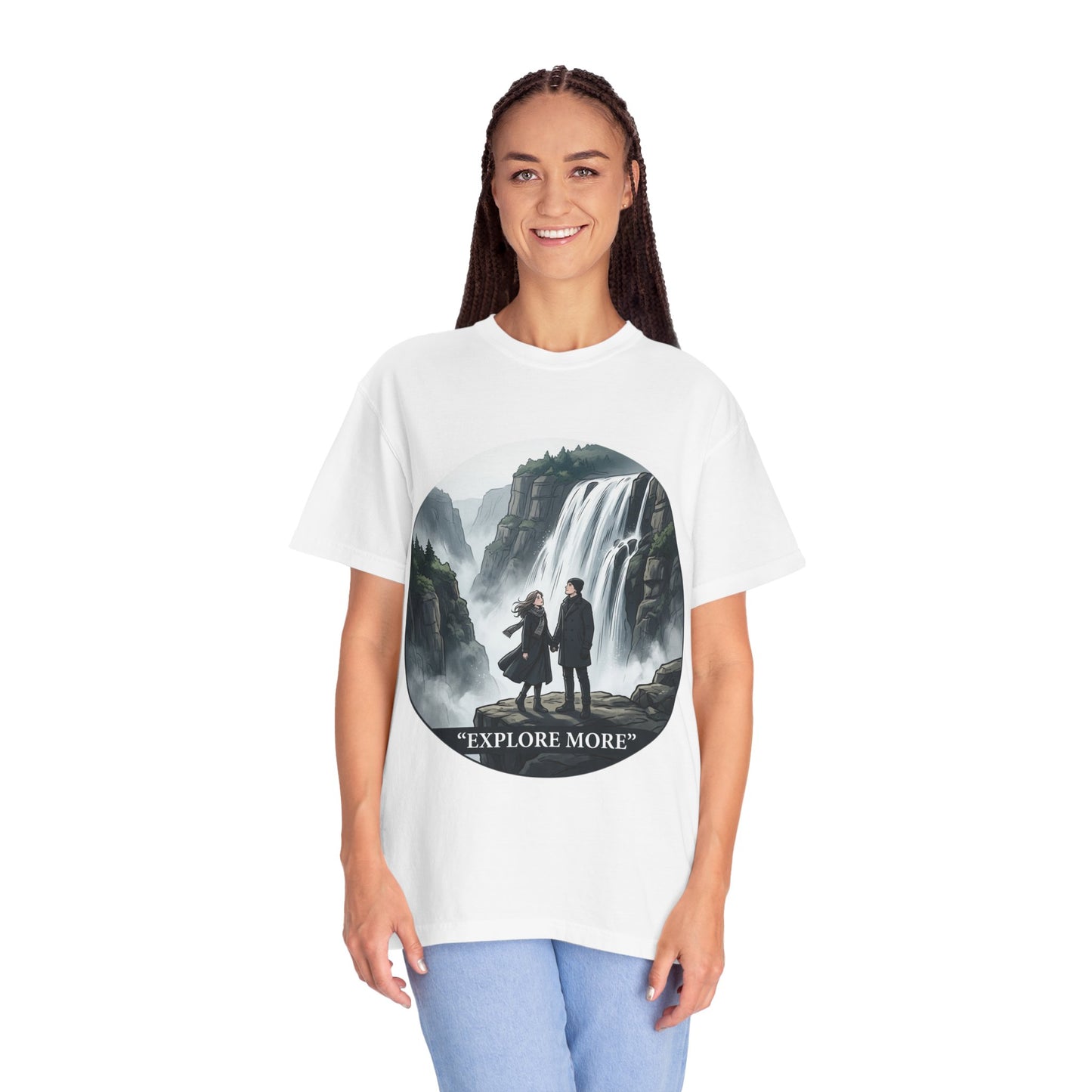 Explore More T-Shirt — Adventure Graphic Tee with Waterfall Scene