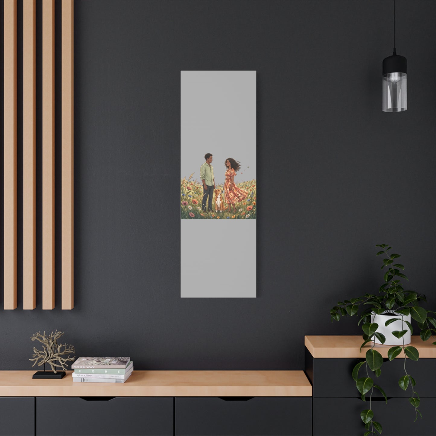 Romantic Couple in Wildflower Field Canvas Art — Black Love Wall Decor with Dog