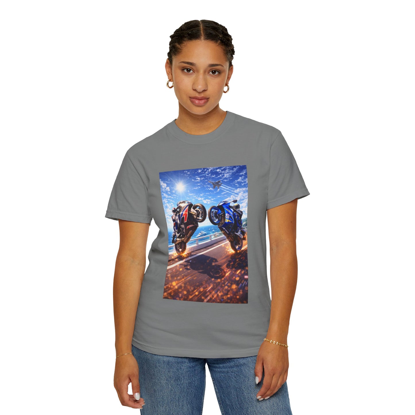 Stunt Riders Motorcycle T-Shirt — Two Bike Wheelie Racing Graphic Tee