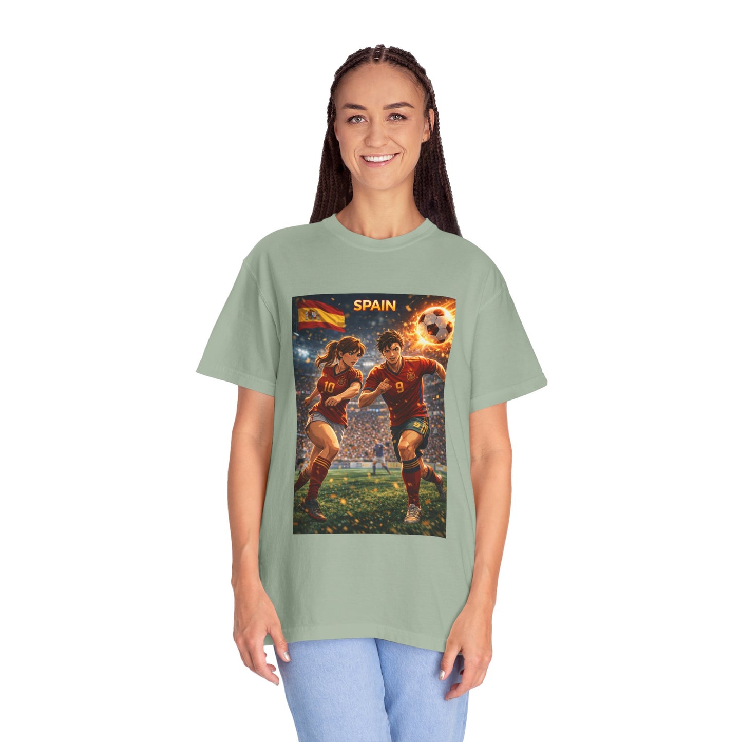 Spain Soccer Graphic T-Shirt — Retro Match Scene with Flag