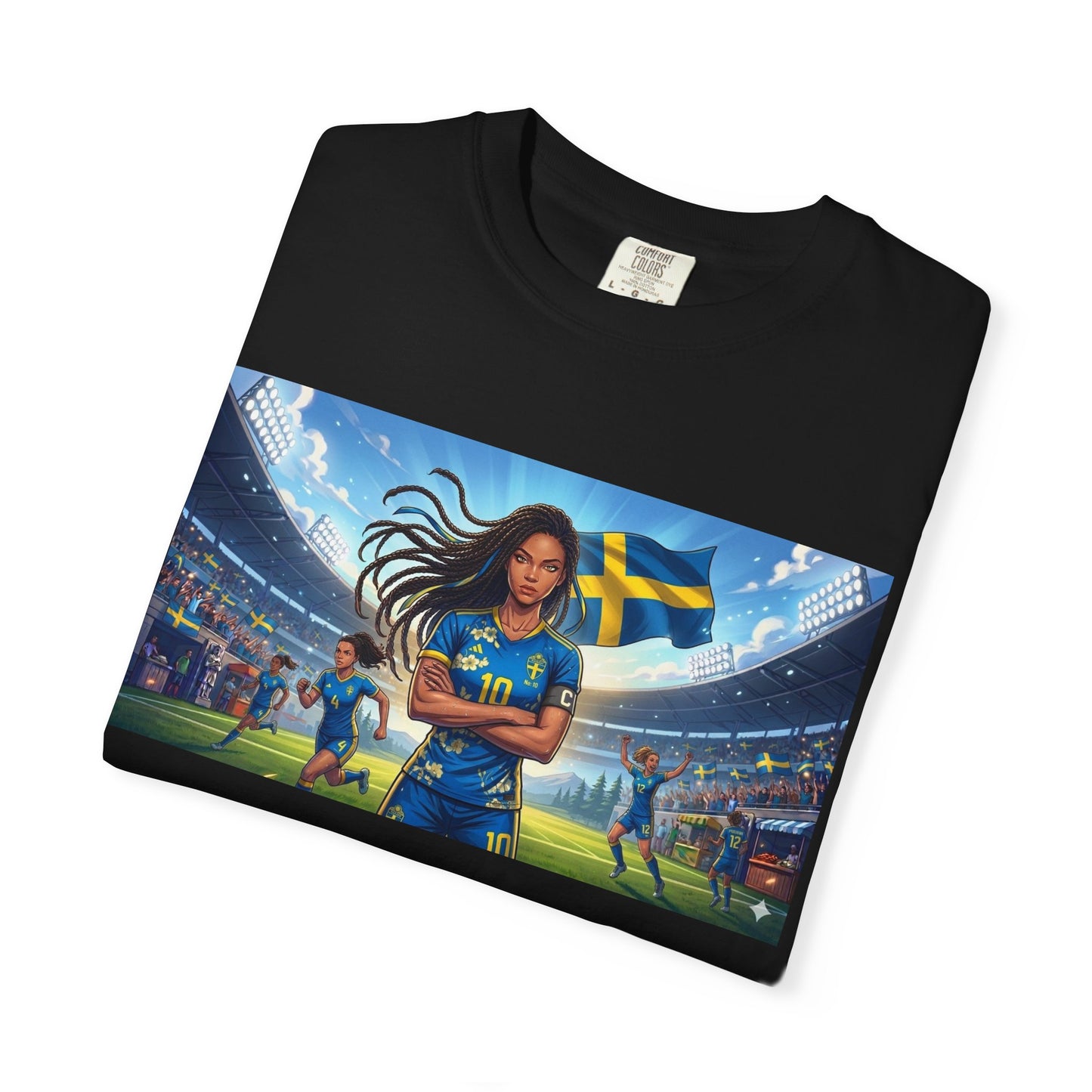 Swedish Soccer Pride T-Shirt — Female Footballer with Flag Stadium Design