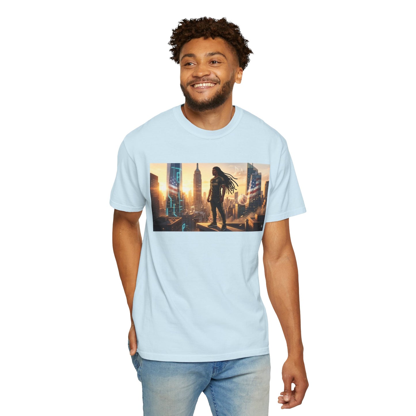 Cyberpunk Cityscape T-Shirt — Silhouette Hero at Sunset