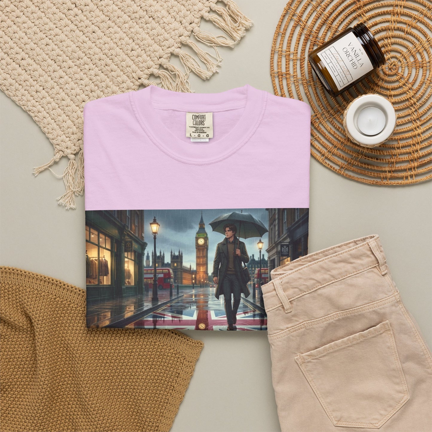 T-Shirt — Rainy London Street Scene Graphic Tee (Big Ben, Umbrella, Night Cityscape)