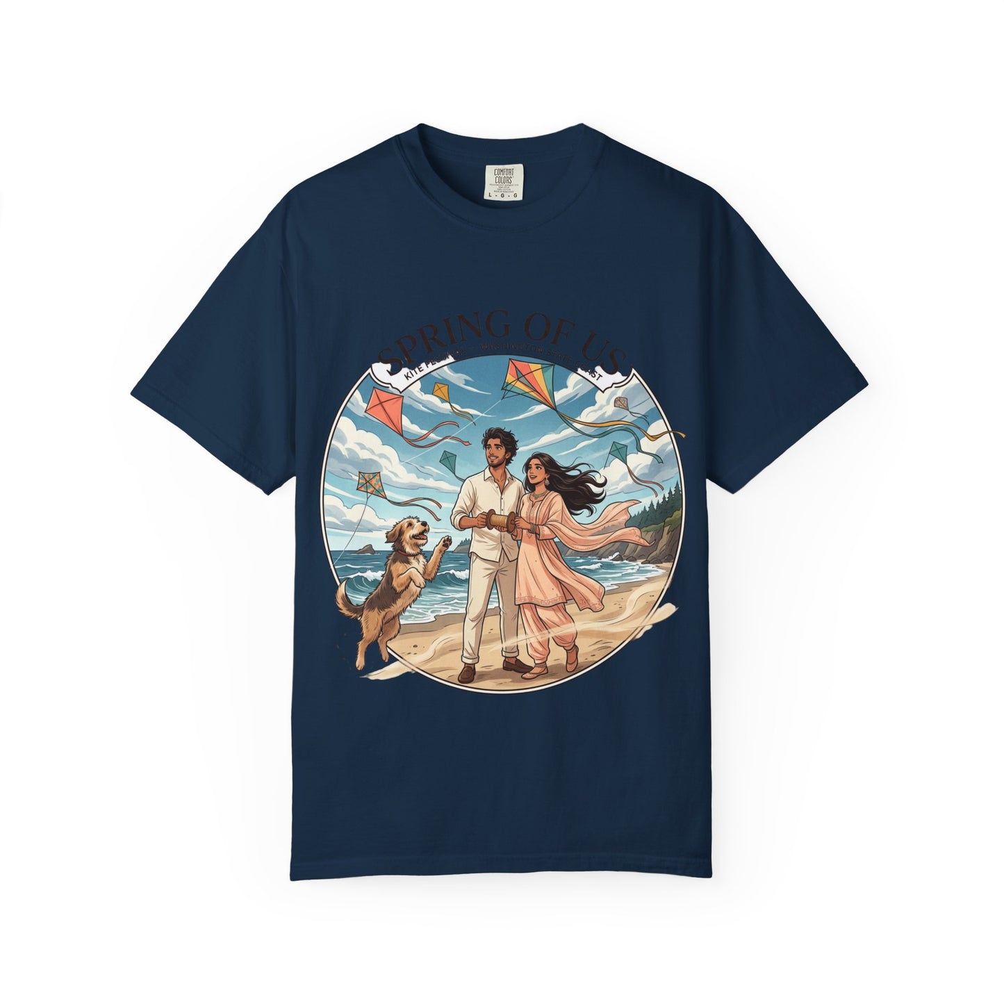 Spring of Us T-Shirt — Romantic Beach Couple Illustration with Dog