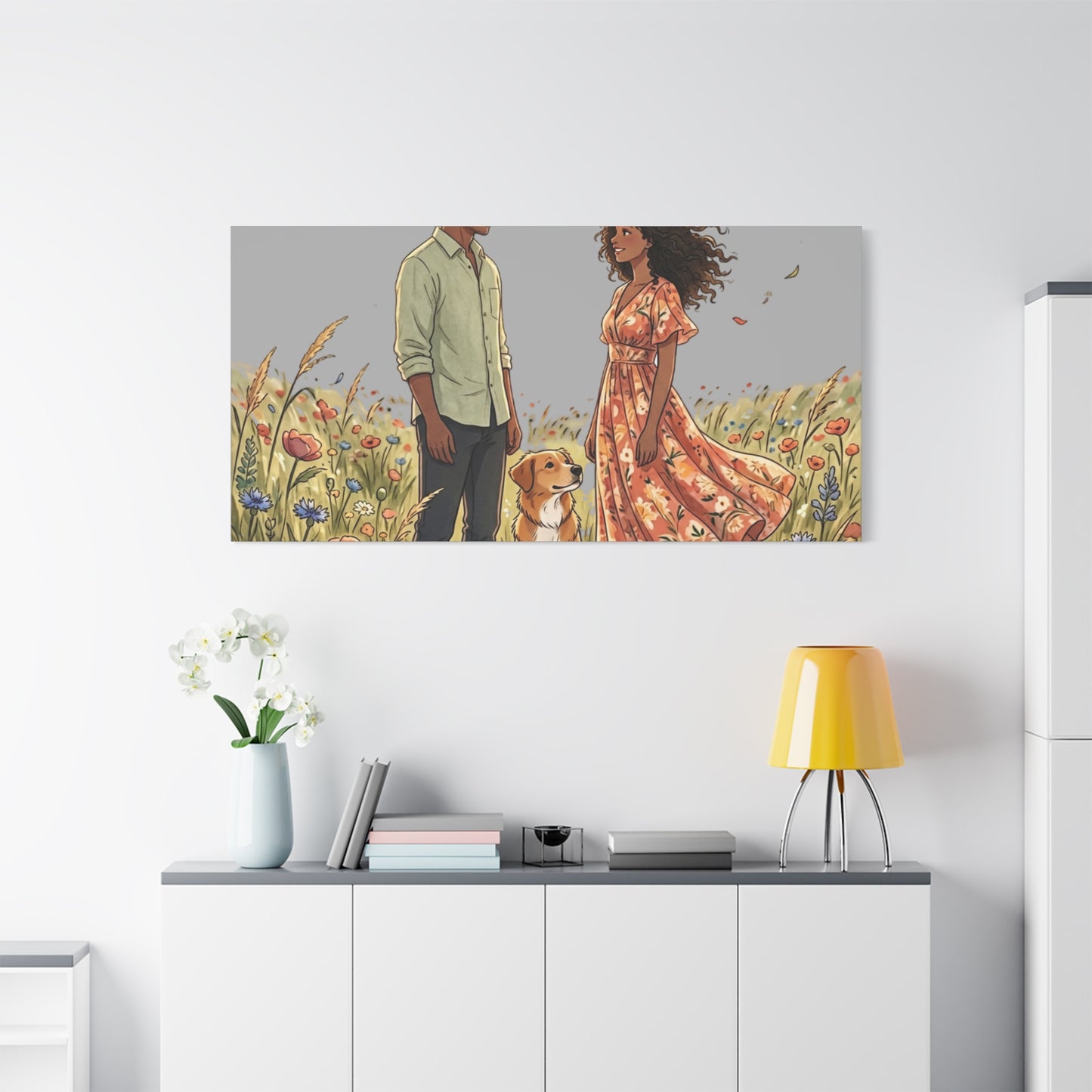 Romantic Couple in Wildflower Field Canvas Art — Black Love Wall Decor with Dog