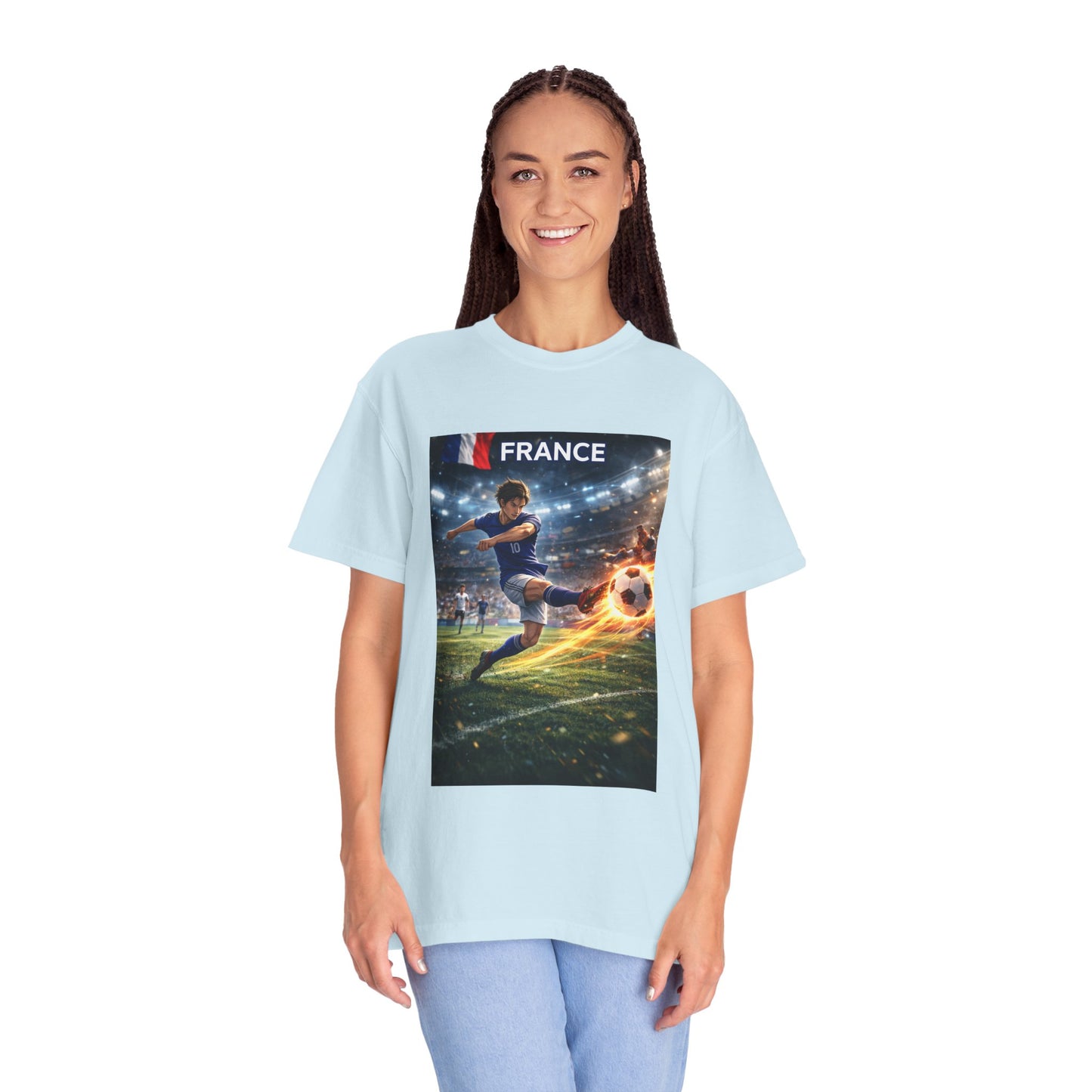 France Soccer Player Graphic T-Shirt — Football Kick Stadium Design