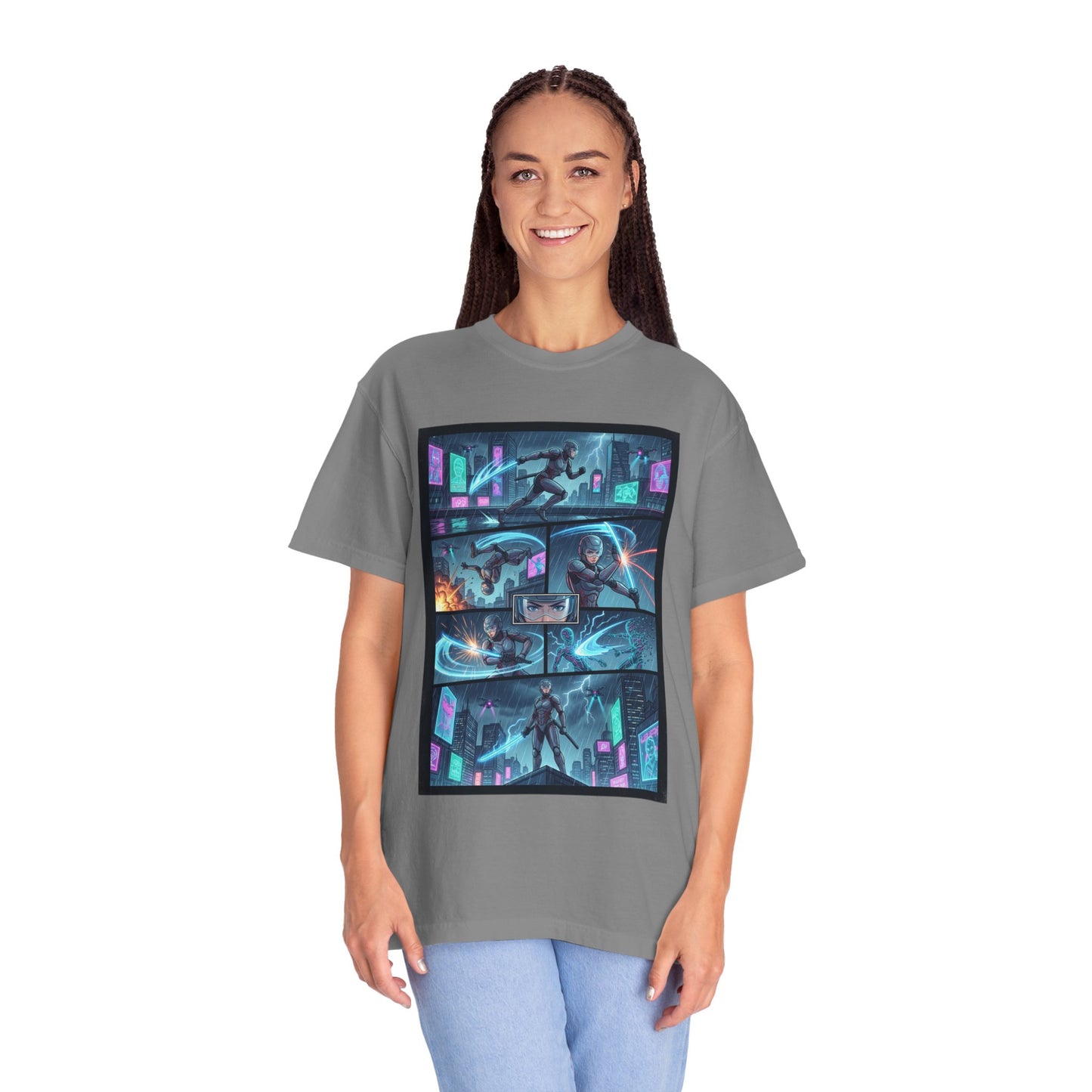 Cyberpunk Girl Samurai T-Shirt — Neon Manga Panel Graphic Tee