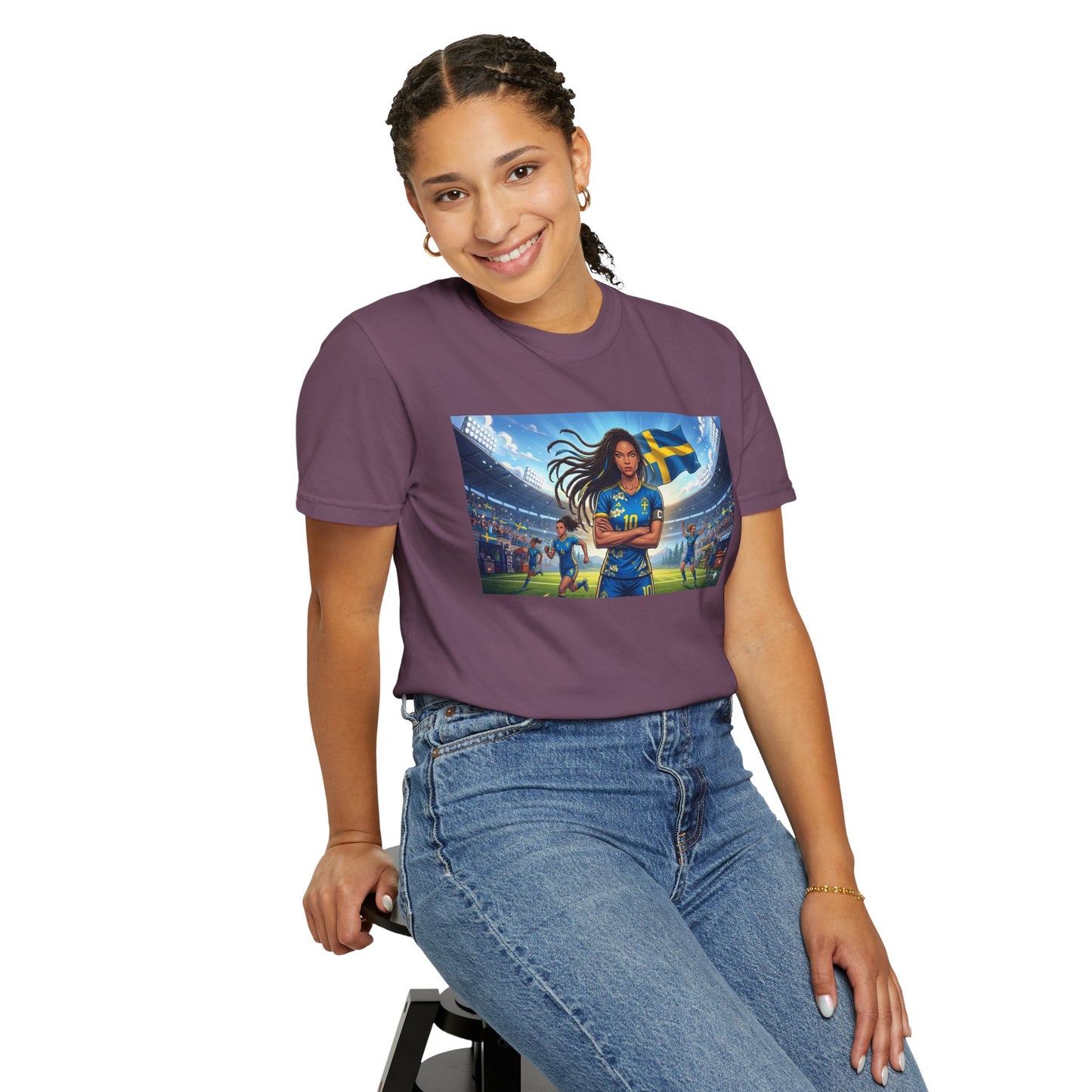 Swedish Soccer Pride T-Shirt — Female Footballer with Flag Stadium Design