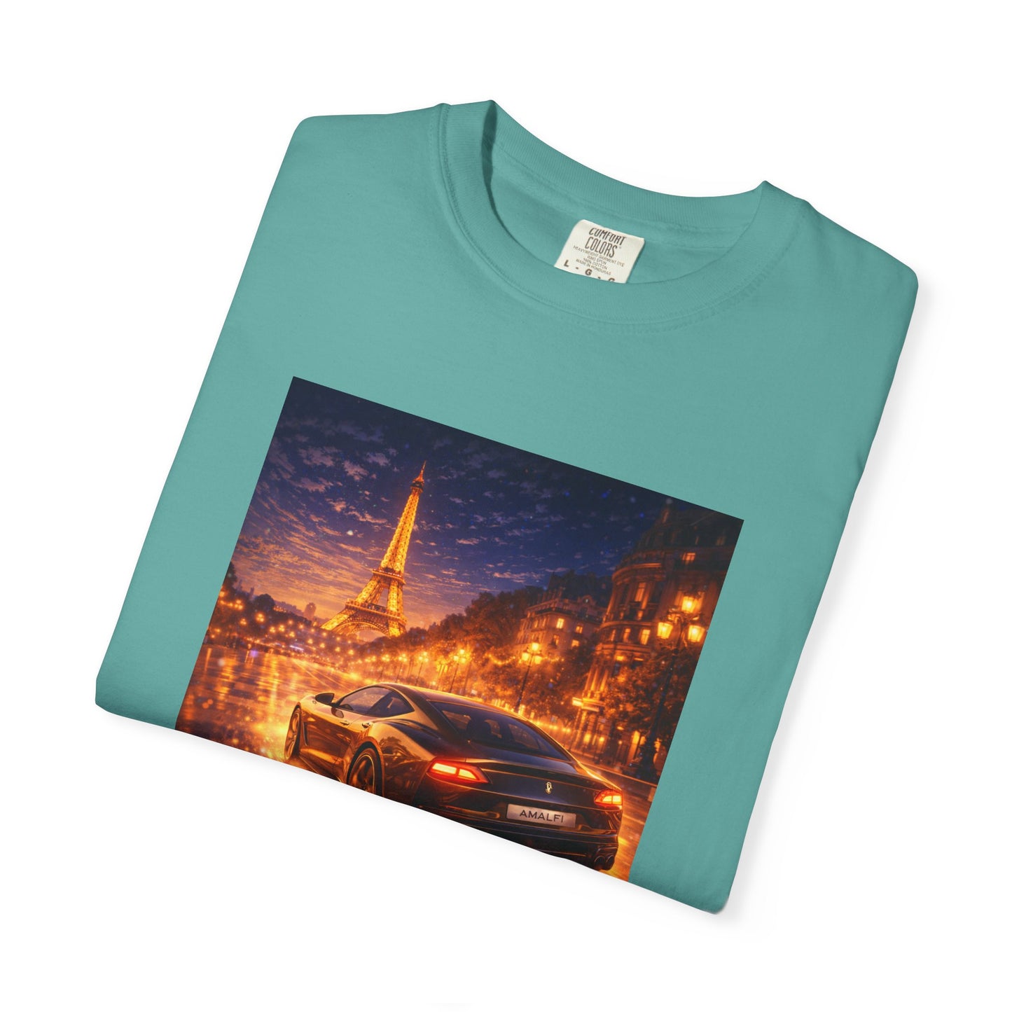 Paris Night Drive T-Shirt — Sports Car in Rainy Cityscape