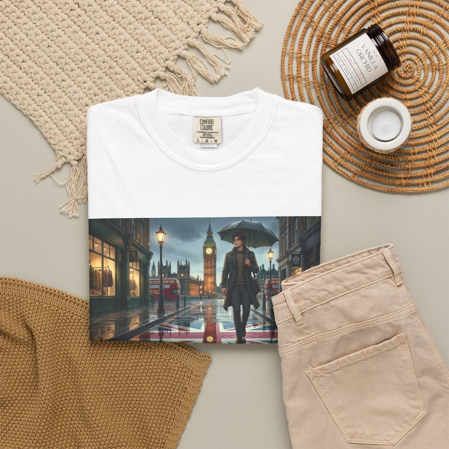 T-Shirt — Rainy London Street Scene Graphic Tee (Big Ben, Umbrella, Night Cityscape)