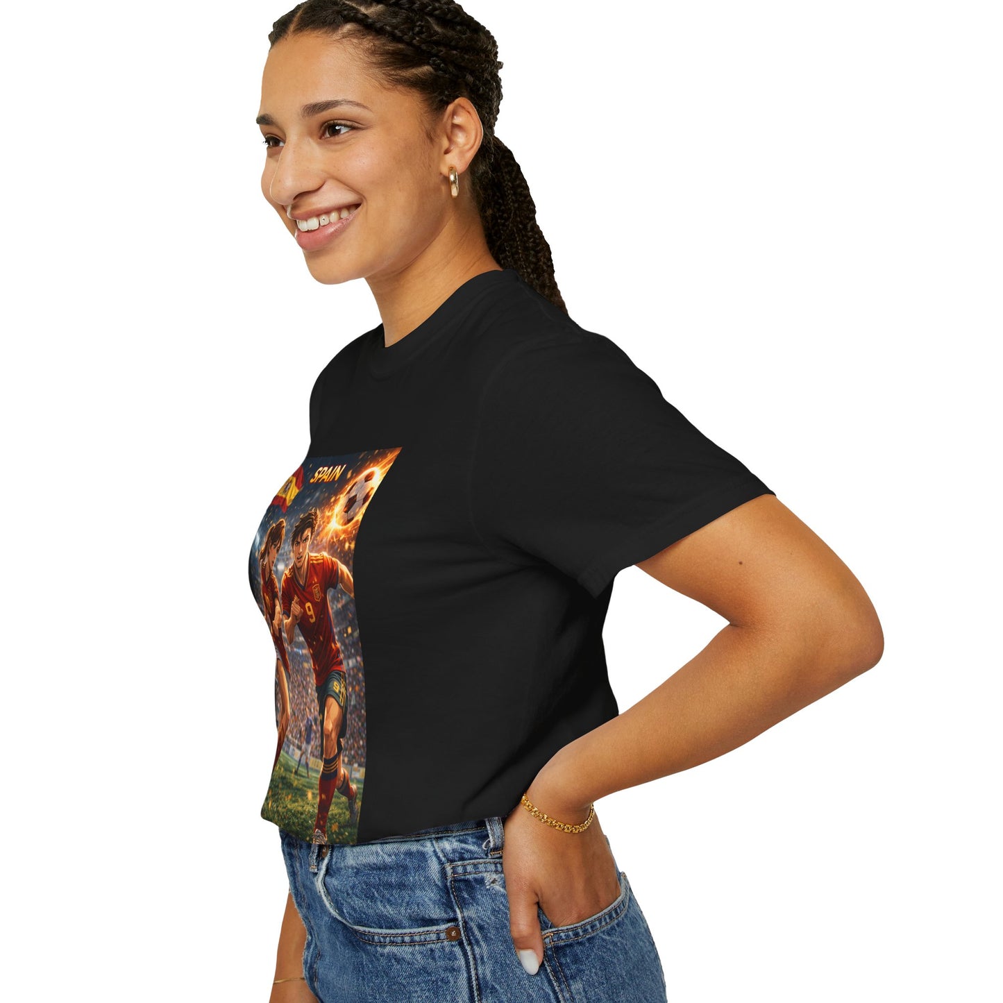 Spain Soccer Graphic T-Shirt — Retro Match Scene with Flag