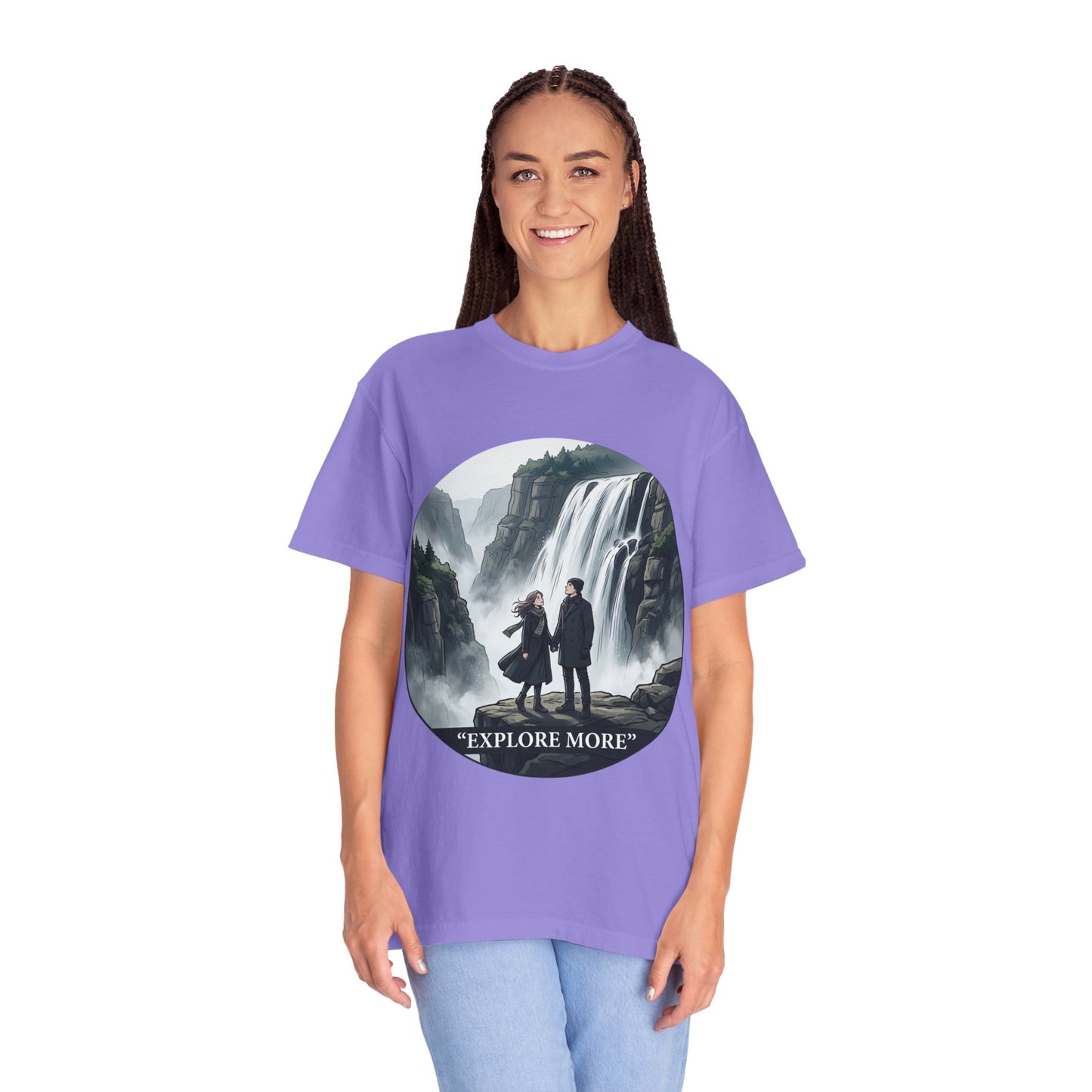 Explore More T-Shirt — Adventure Graphic Tee with Waterfall Scene