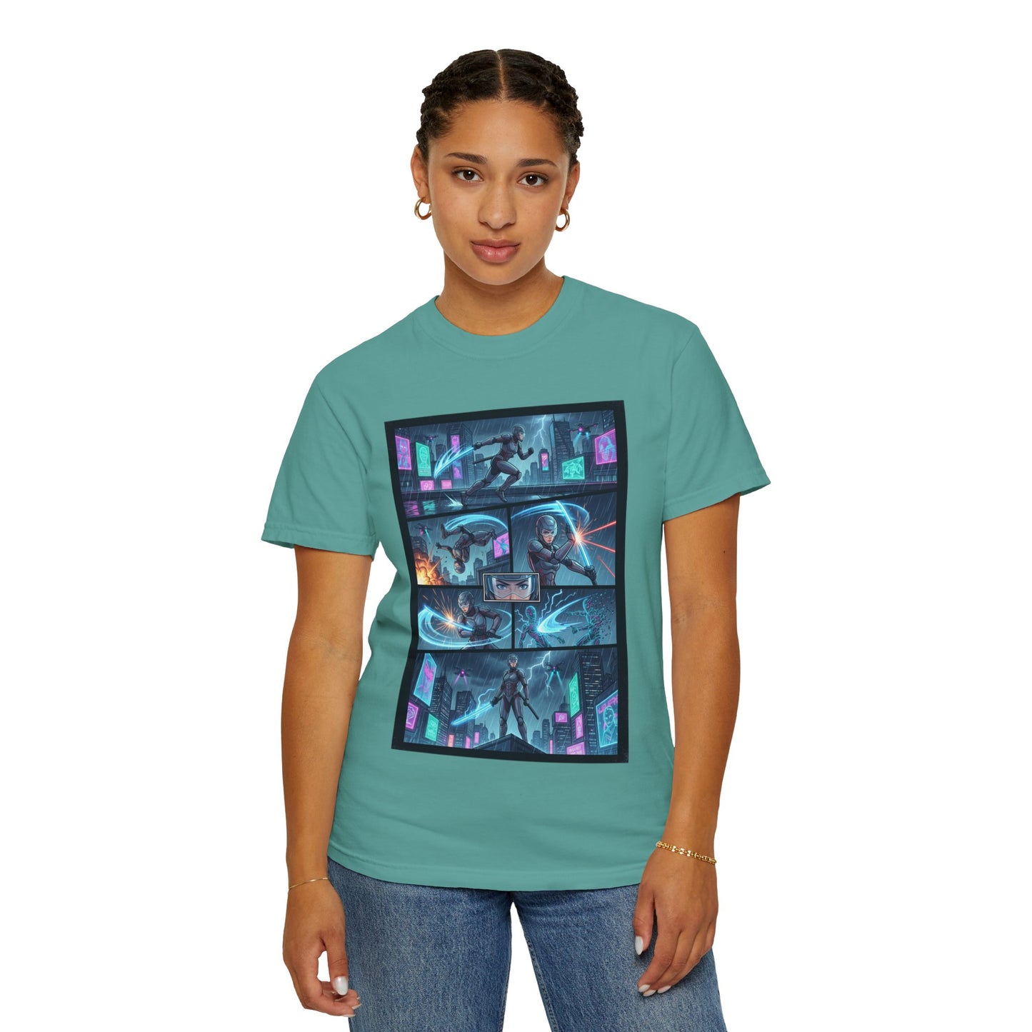 Cyberpunk Girl Samurai T-Shirt — Neon Manga Panel Graphic Tee