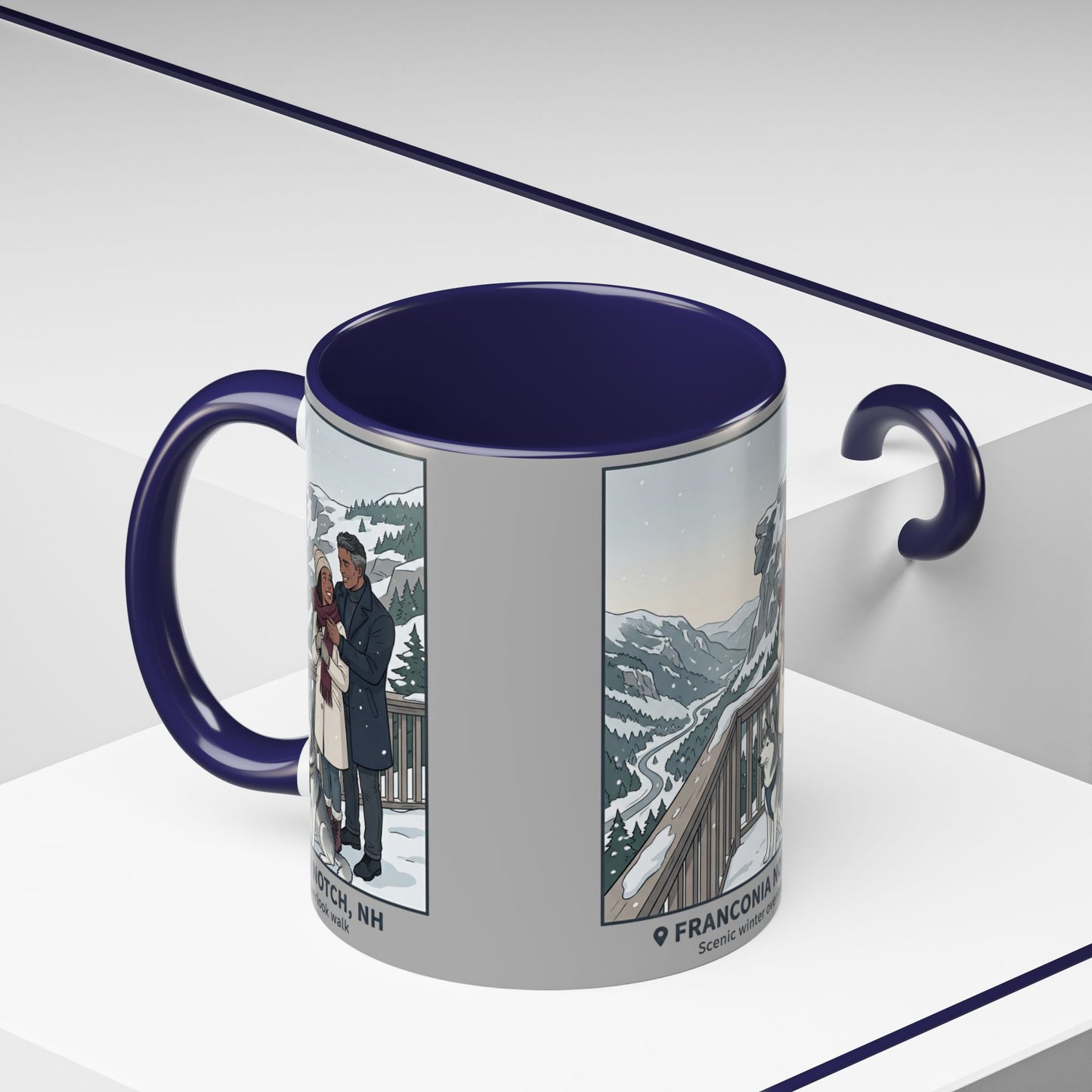 Franconia Notch Scenic Winter Mug — Couples & Dog Snowy Overlook Coffee Cup (11/15oz)