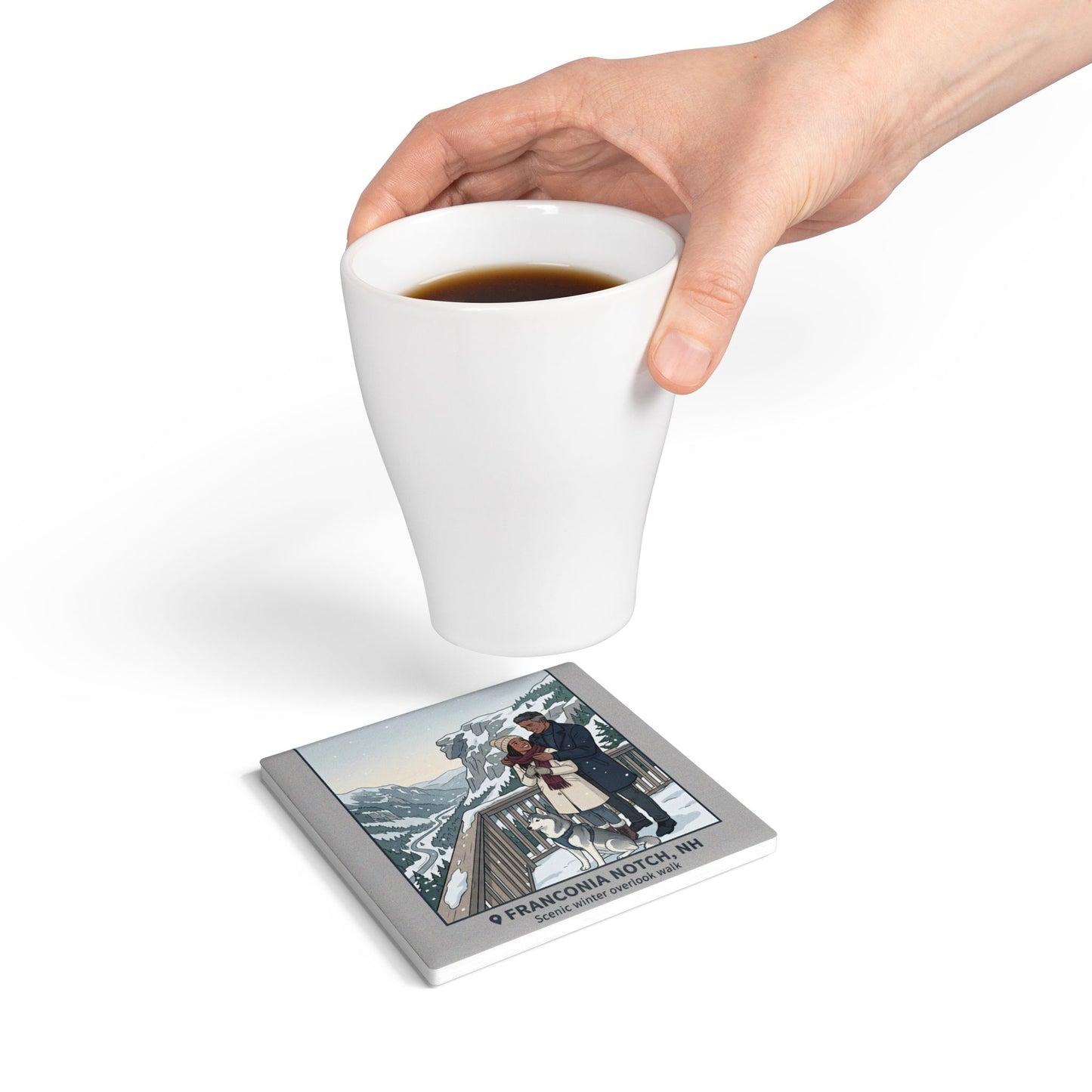 Franconia Notch Winter Scenic Ceramic Coaster — Couple with Husky Snowview