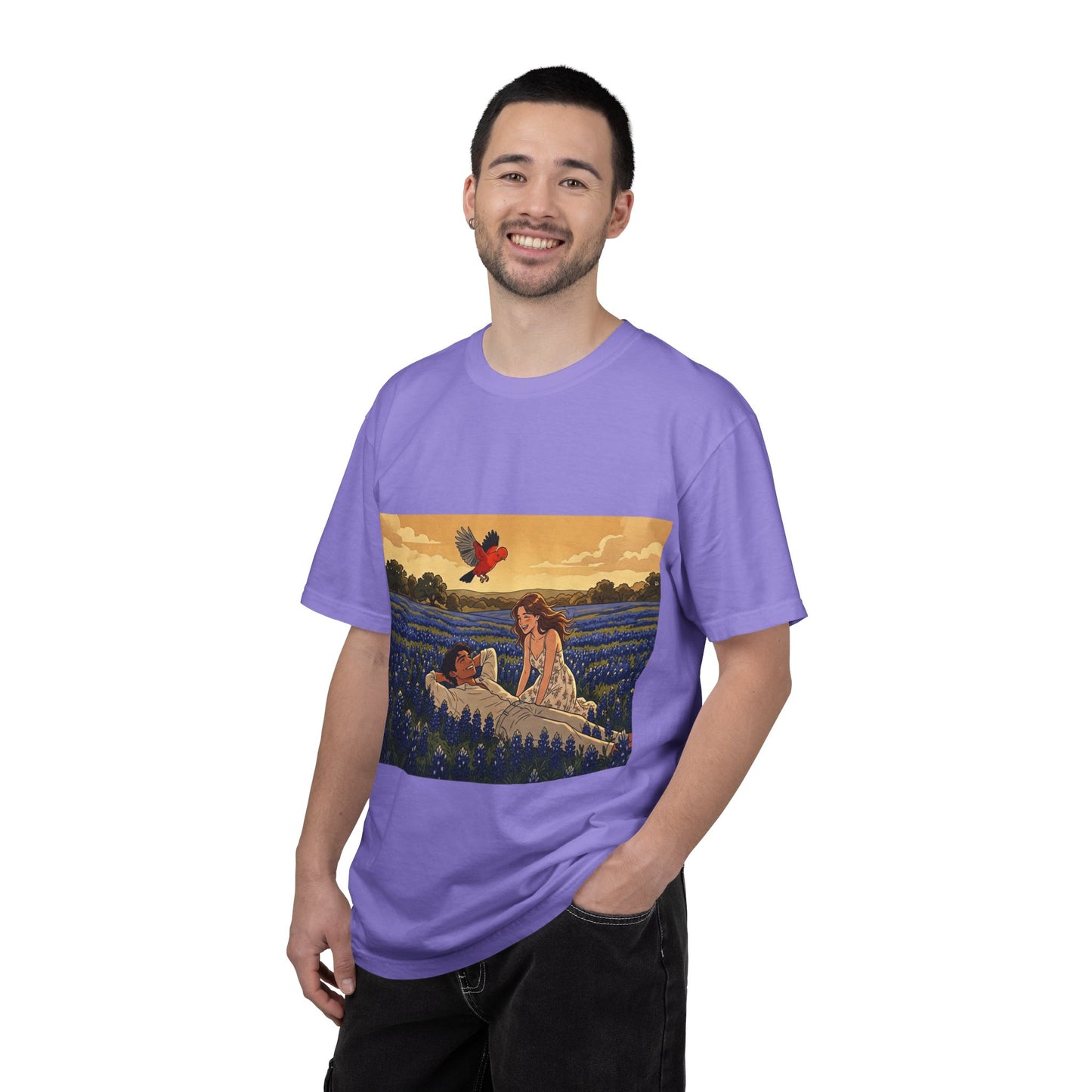 Romantic Bluebonnet Field T-Shirt — Couple in Wildflower Meadow Art Tee