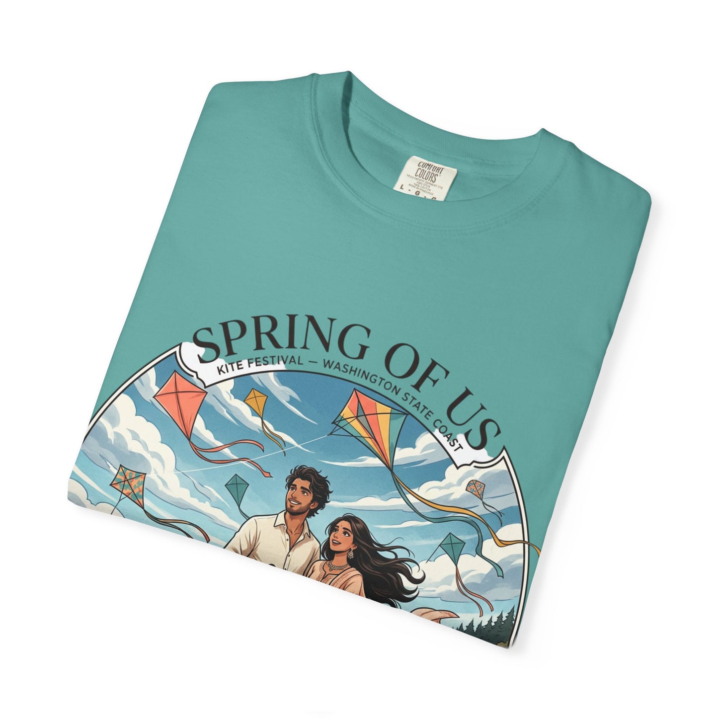 Spring of Us T-Shirt — Romantic Beach Couple Illustration with Dog