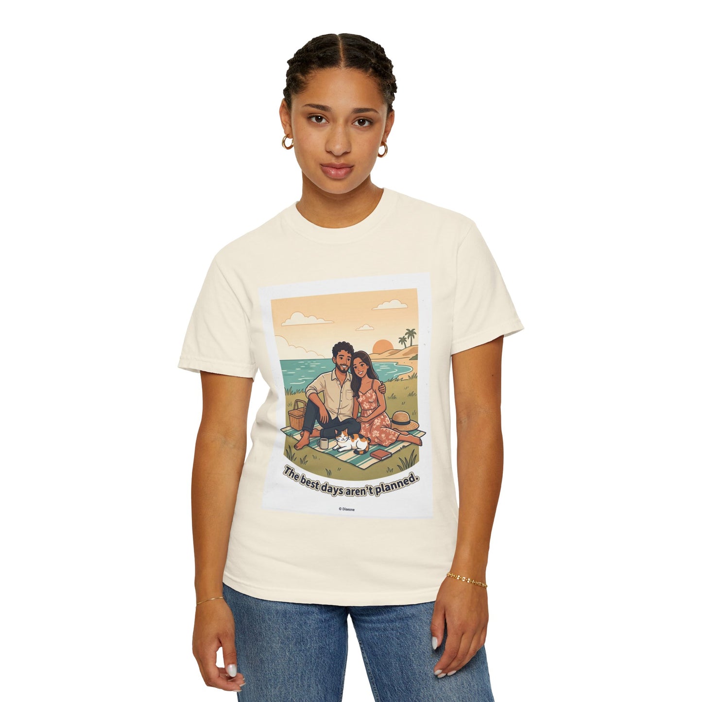 Beach Picnic Couple T‑Shirt — “The best days aren’t planned.” Relaxed Vacation Tee