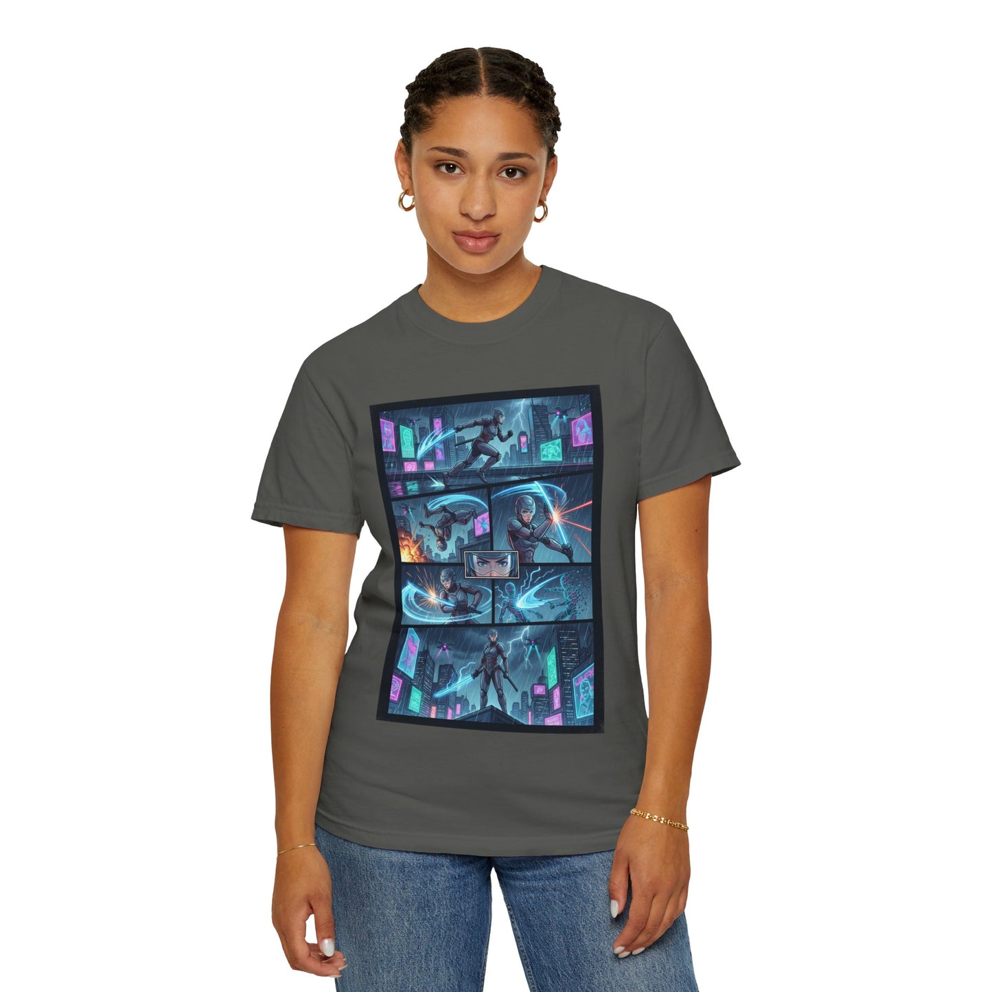 Cyberpunk Girl Samurai T-Shirt — Neon Manga Panel Graphic Tee