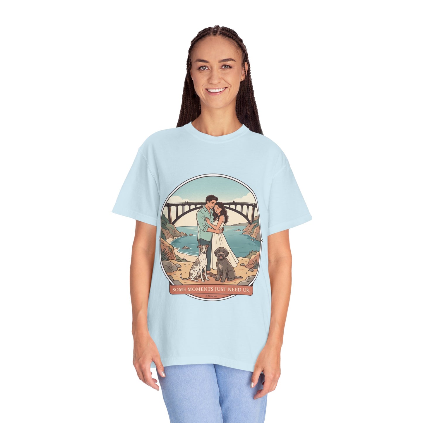 T-Shirt — Romantic Coastal Couples Tee “Some Moments Are Forever” with Dogs