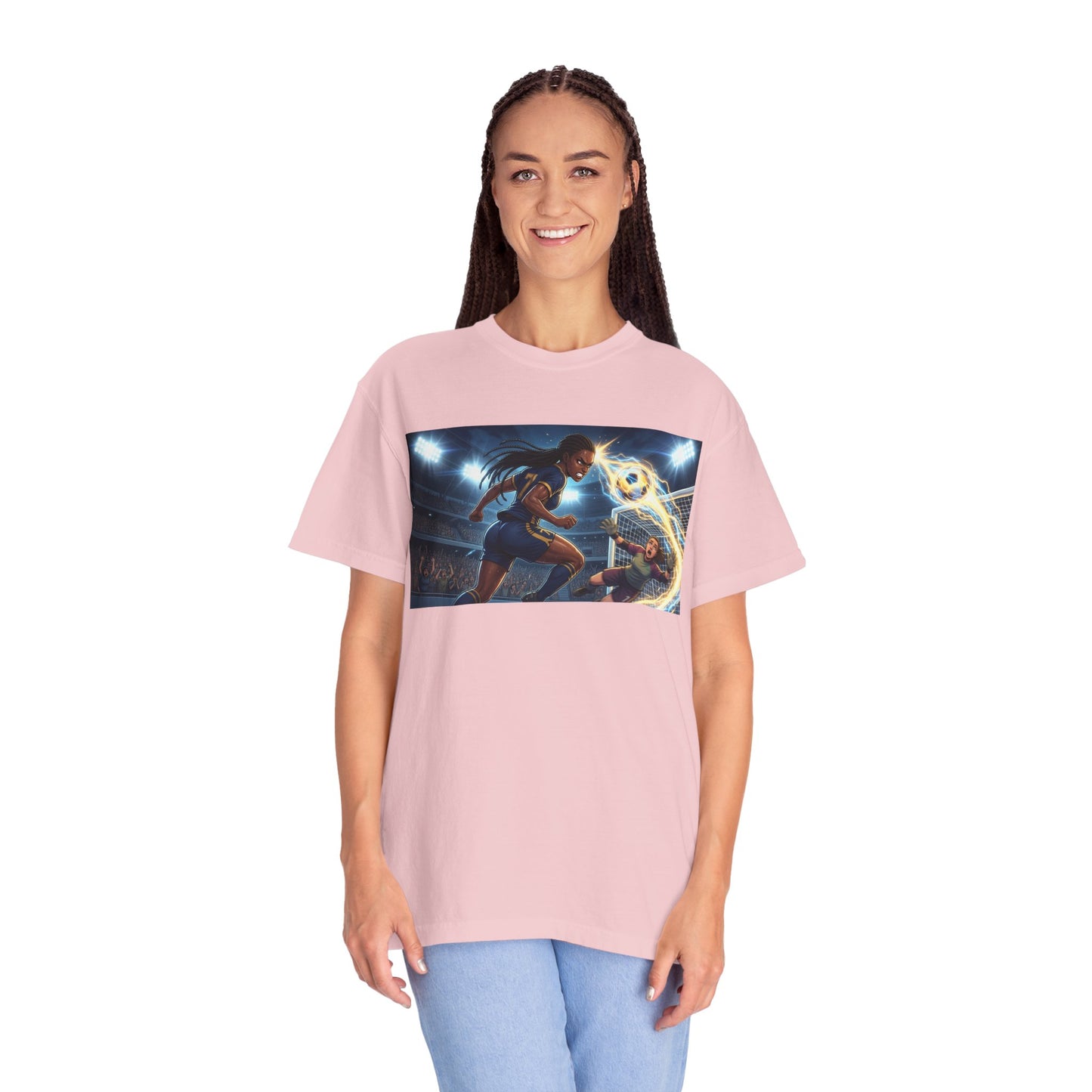Soccer Duel Graphic T-Shirt — Futuristic Goalkeeper vs Striker Stadium Print