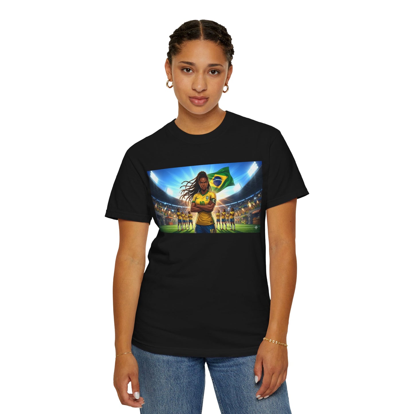 Brazil Soccer Captain T-Shirt — Player Holding Ball with Brazilian Flag Stadium Graphic