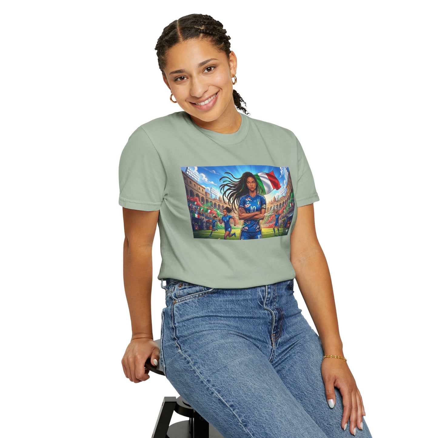 Italian Soccer Fan T‑Shirt – Inspirational Female Player with Italy Flag Stadium Print