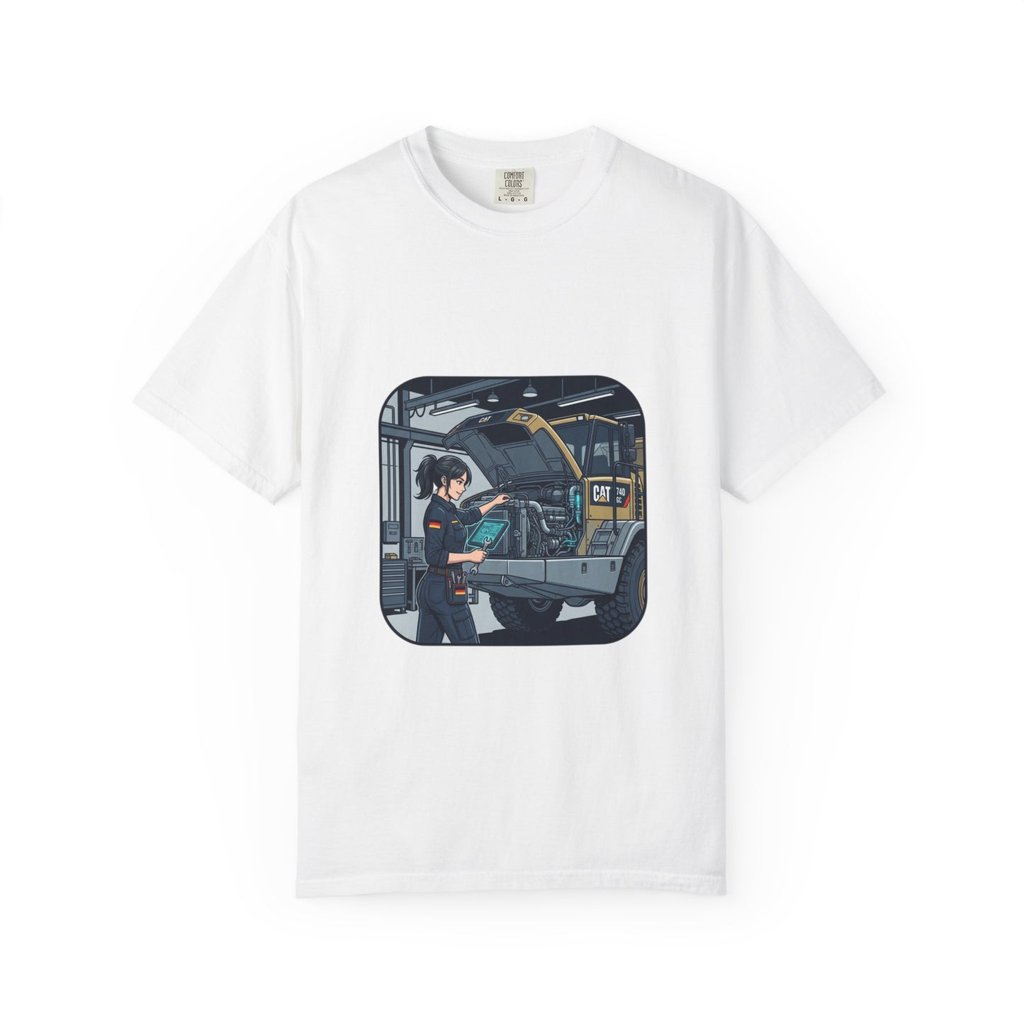 Mechanic Garage Scene T-Shirt — Vintage Truck Repair Illustration