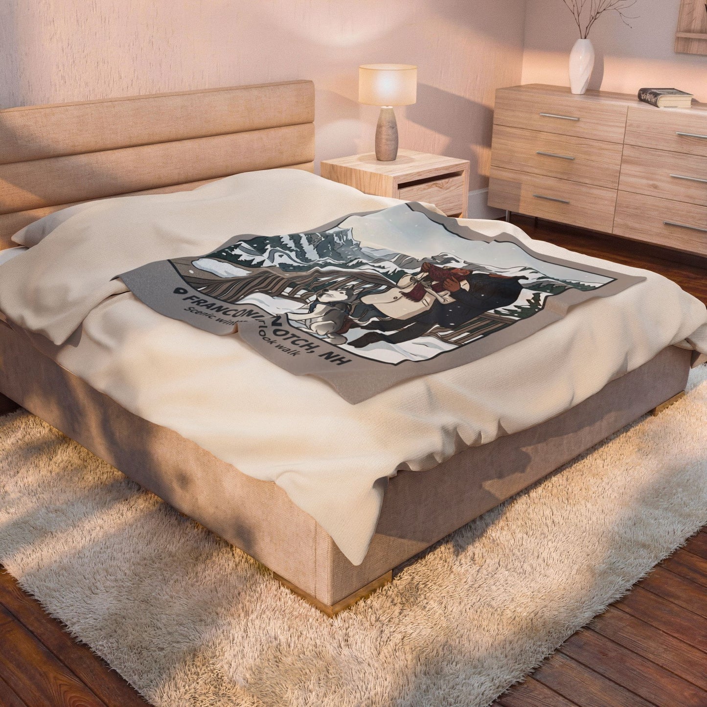 Velveteen Blanket — Franconia Notch NH Winter Scenic Throw with Couple & Husky
