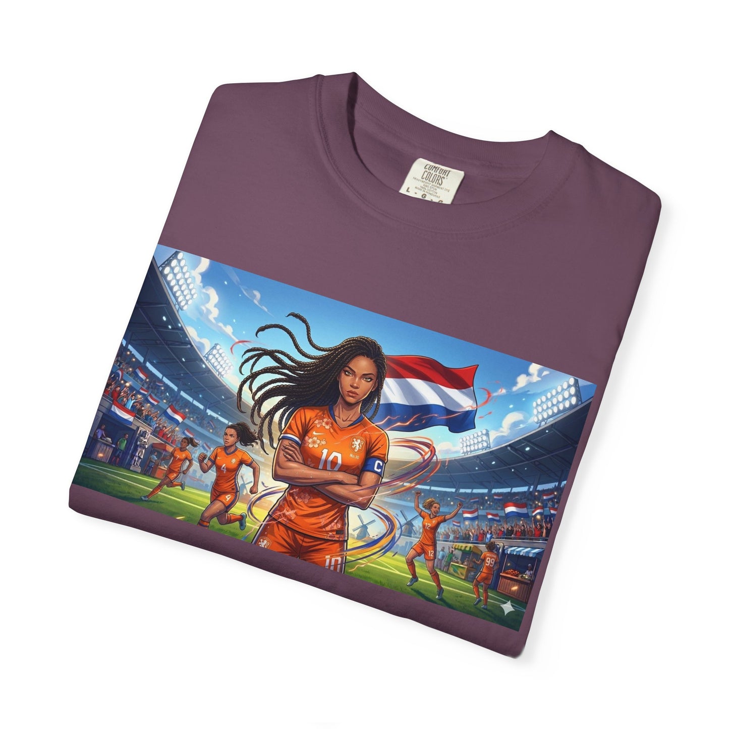 Soccer Warrior T-Shirt — Netherlands Female Captain with Flag Stadium Graphic