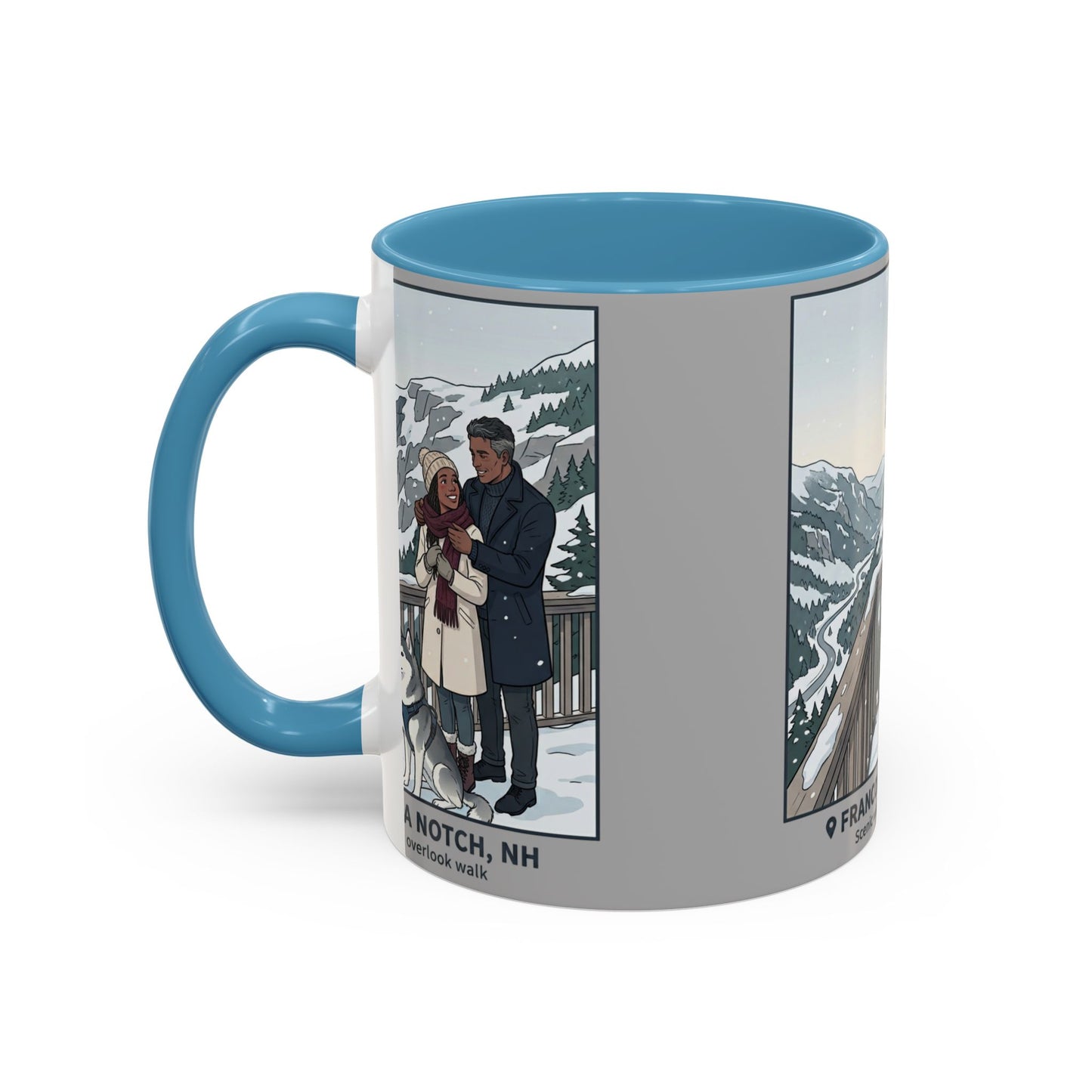 Franconia Notch Scenic Winter Mug — Couples & Dog Snowy Overlook Coffee Cup (11/15oz)