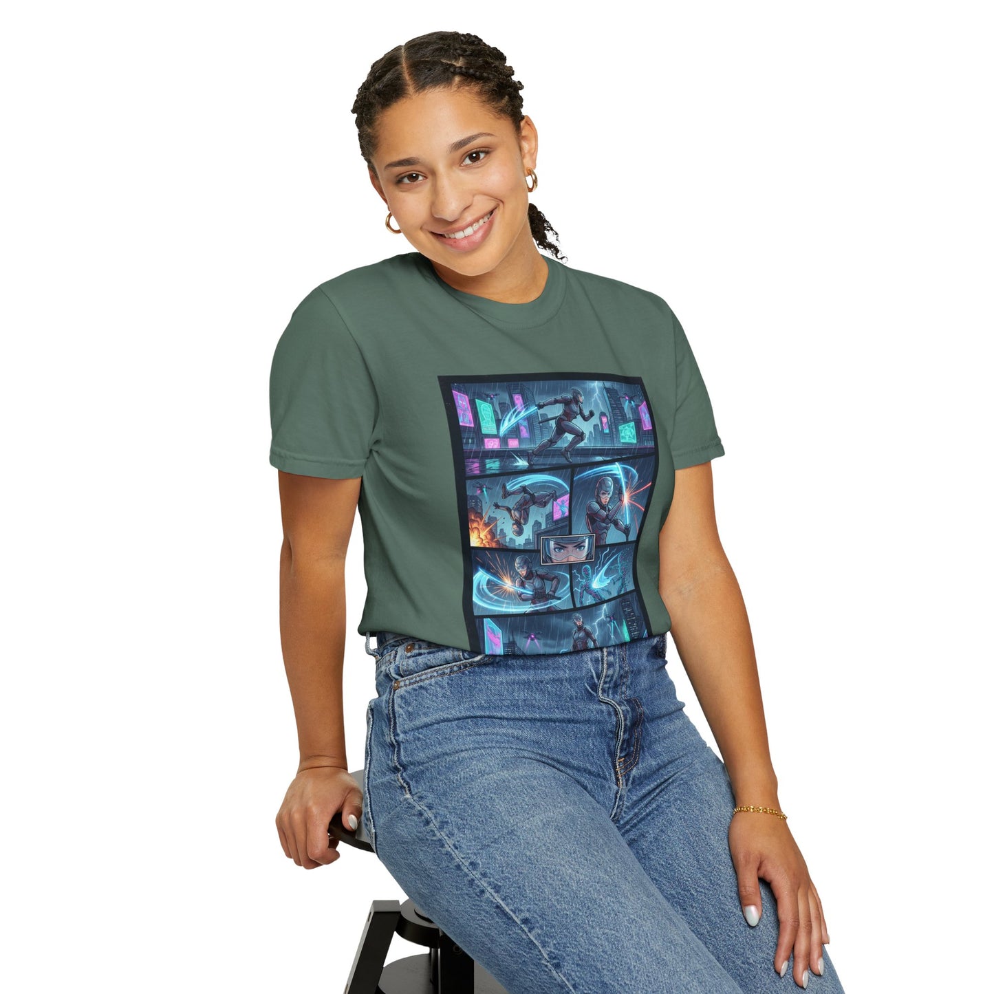 Cyberpunk Girl Samurai T-Shirt — Neon Manga Panel Graphic Tee